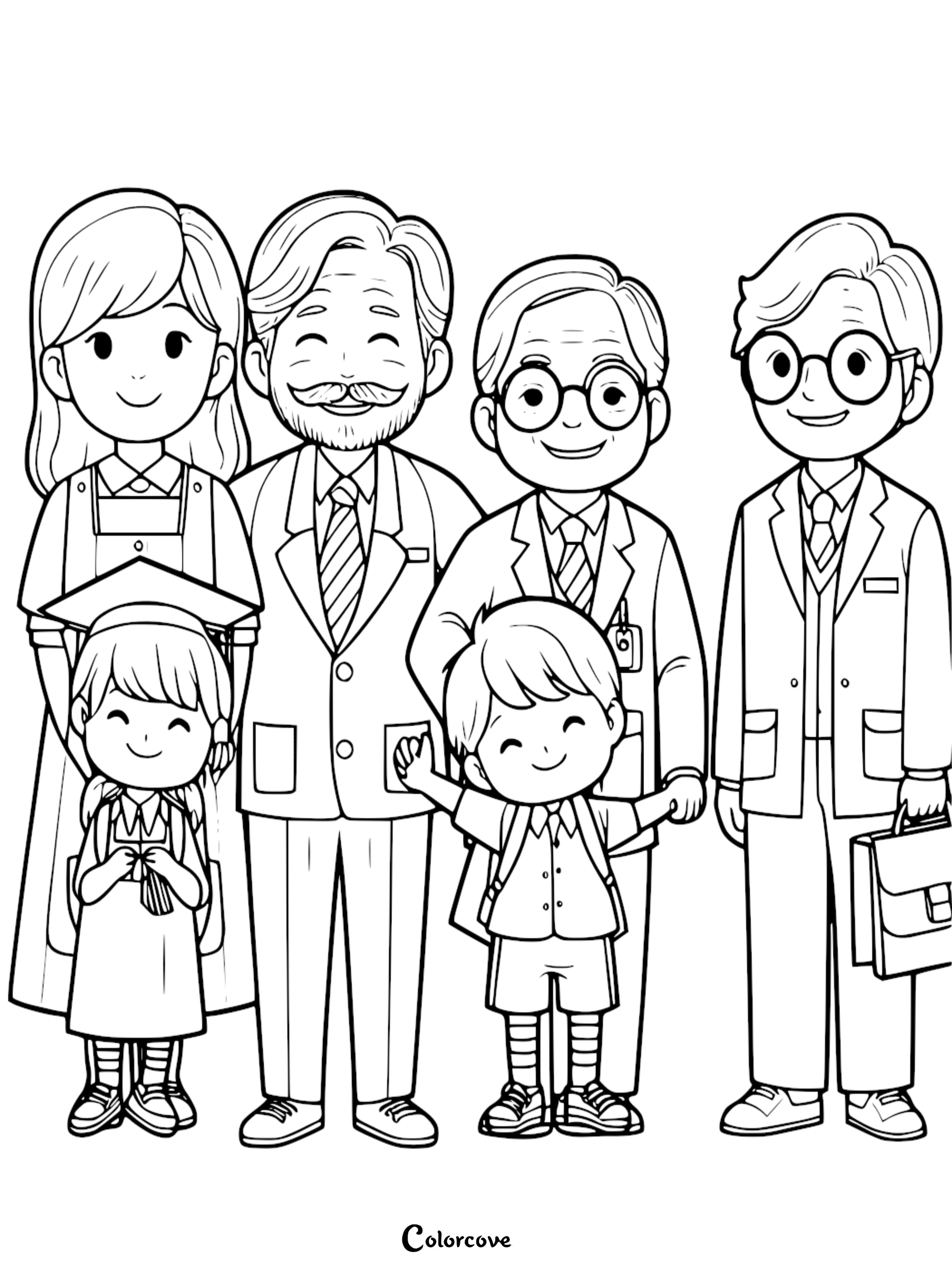 A heartwarming family portrait coloring page featuring two smiling children in school uniforms and graduation attire, standing with their grandparents and father.