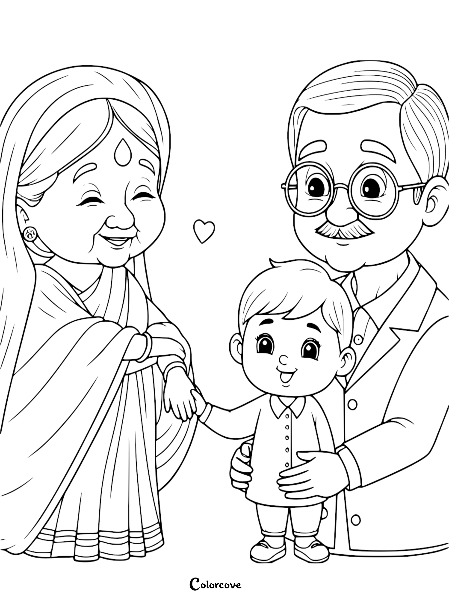 A heartwarming Grandparents Day coloring page featuring a grandmother in a sari and a grandfather in glasses holding hands with their young grandson.