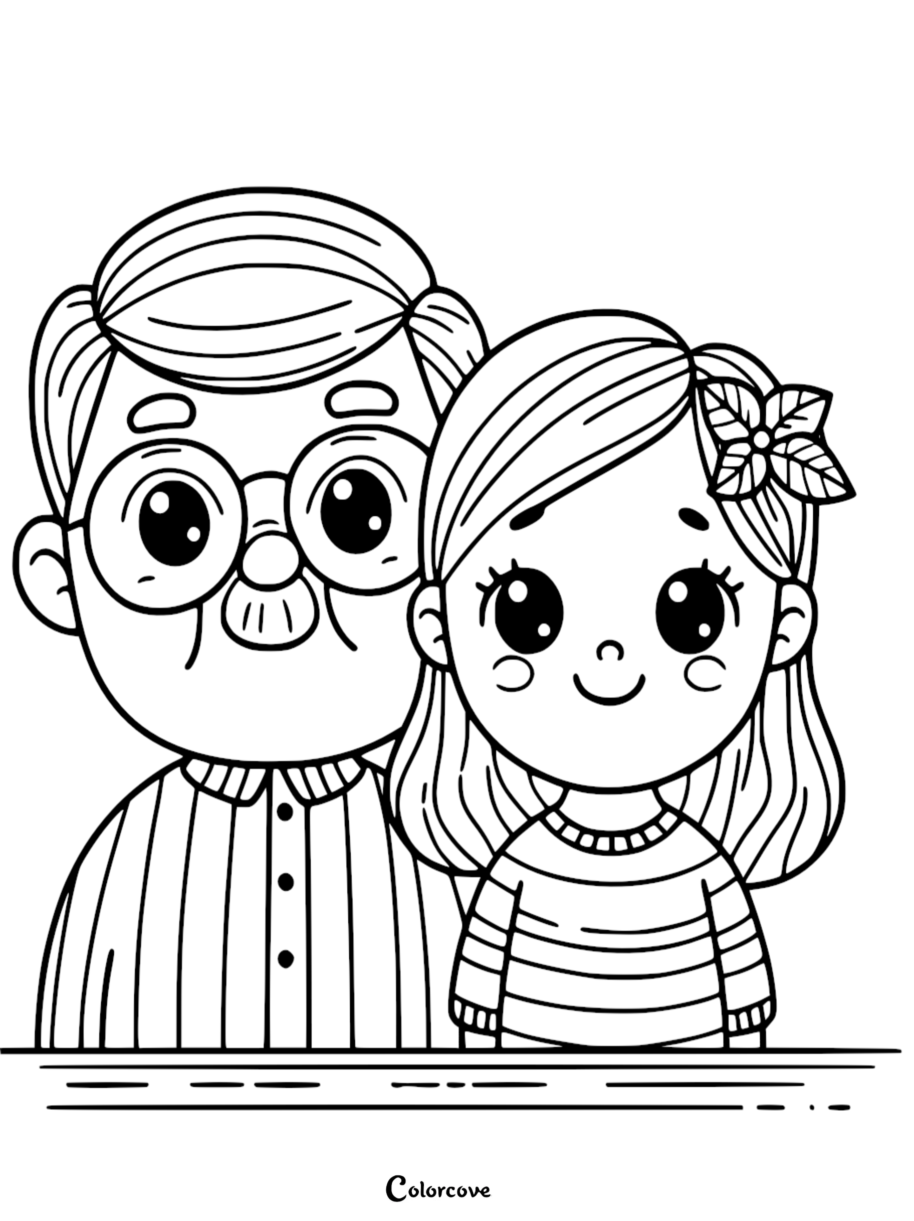 Kawaii-style coloring page featuring a smiling grandfather with glasses and his granddaughter wearing a hair flower accessory.