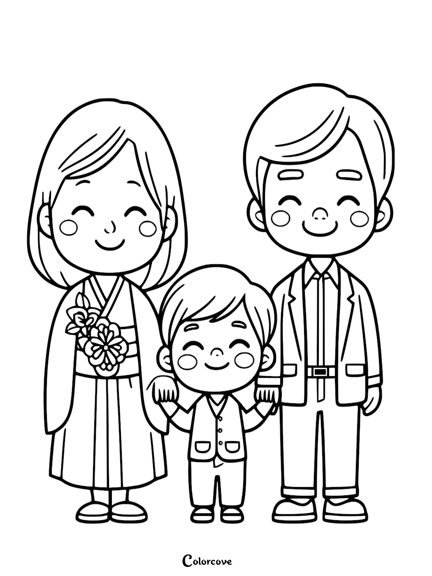 Grandparents wearing formal attire standing next to their young grandson in a suit, coloring page illustration.