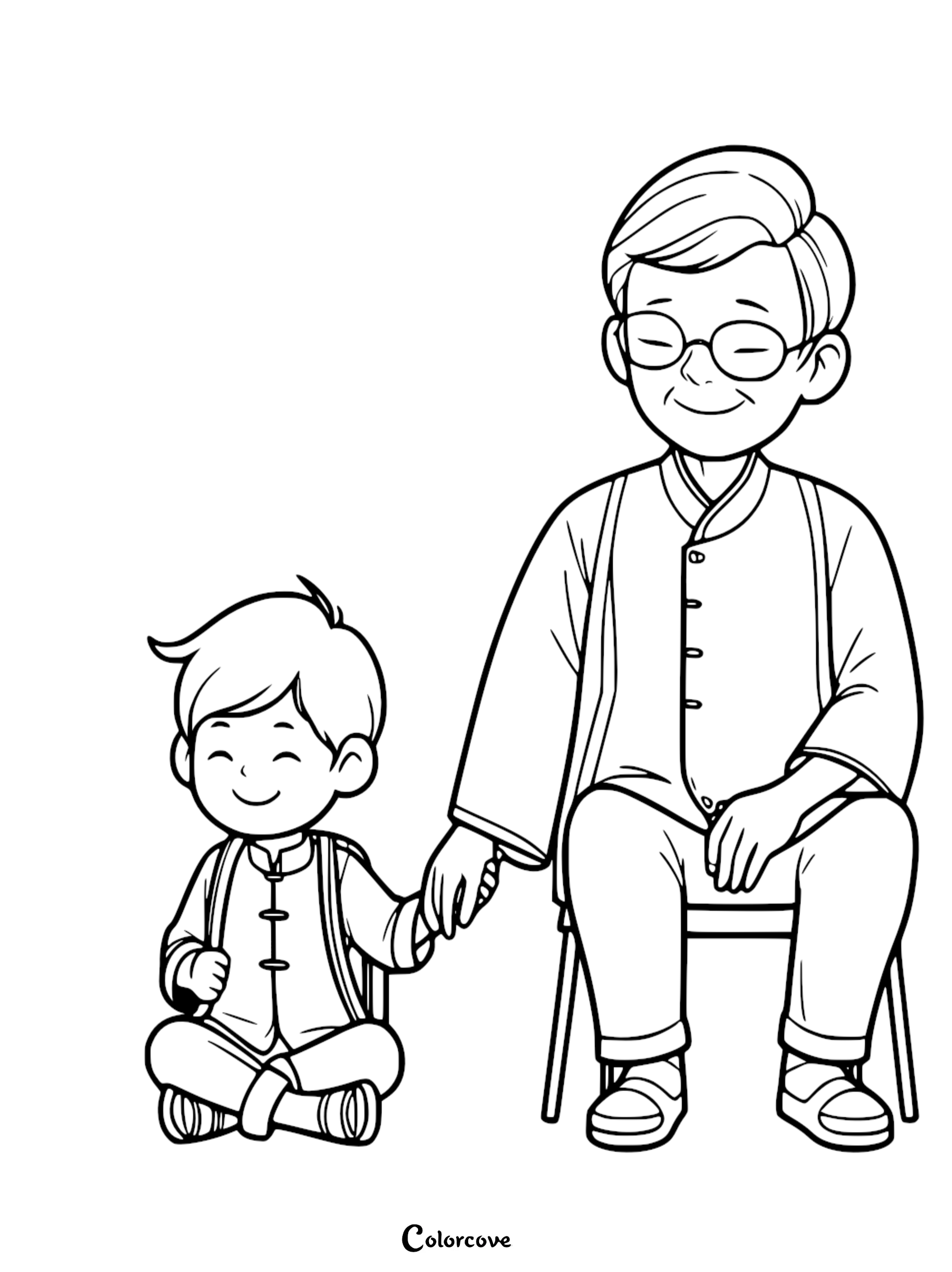A printable line art coloring page featuring an elderly grandfather in round glasses sitting on a chair, holding hands with his young grandson who is sitting on the floor.
