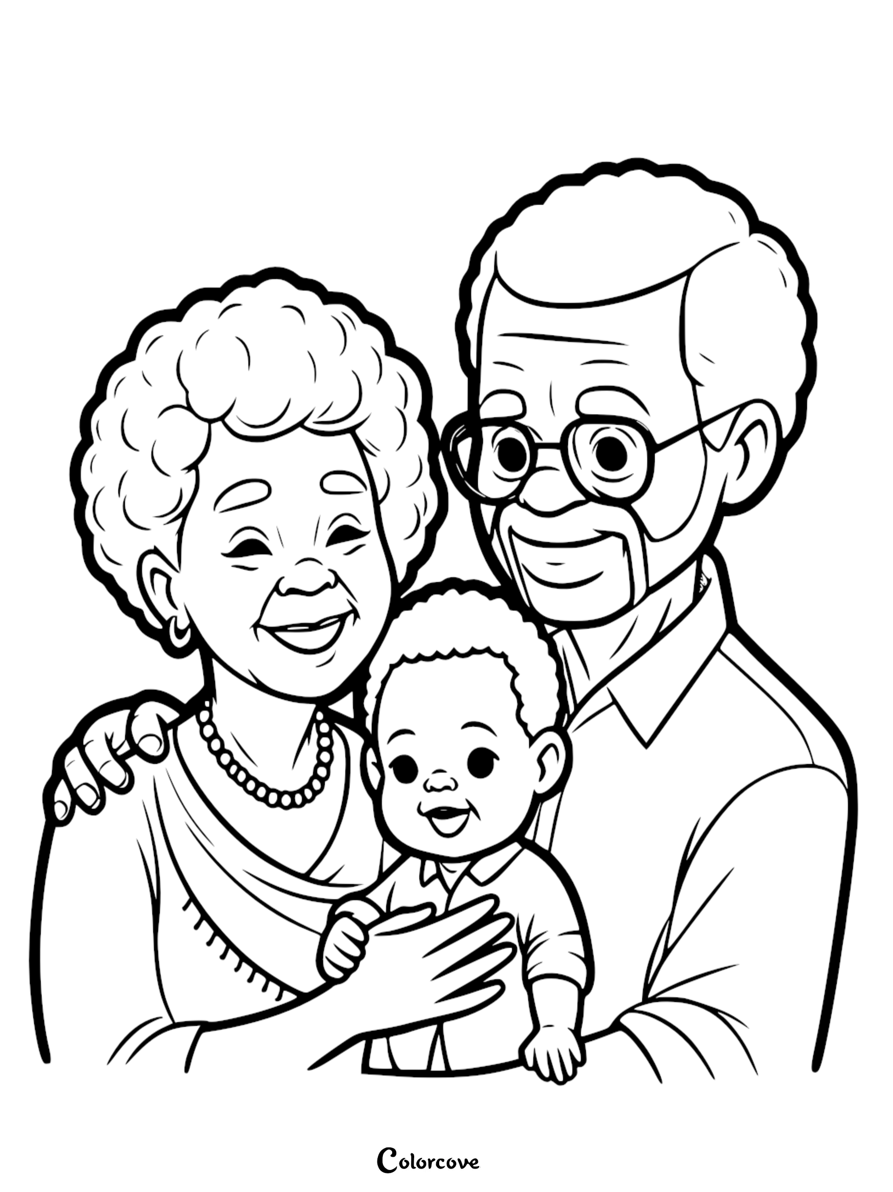 A heartwarming line art coloring page featuring a smiling grandmother with curly hair and a pearl necklace standing beside a grandfather in glasses, both embracing a joyful baby.