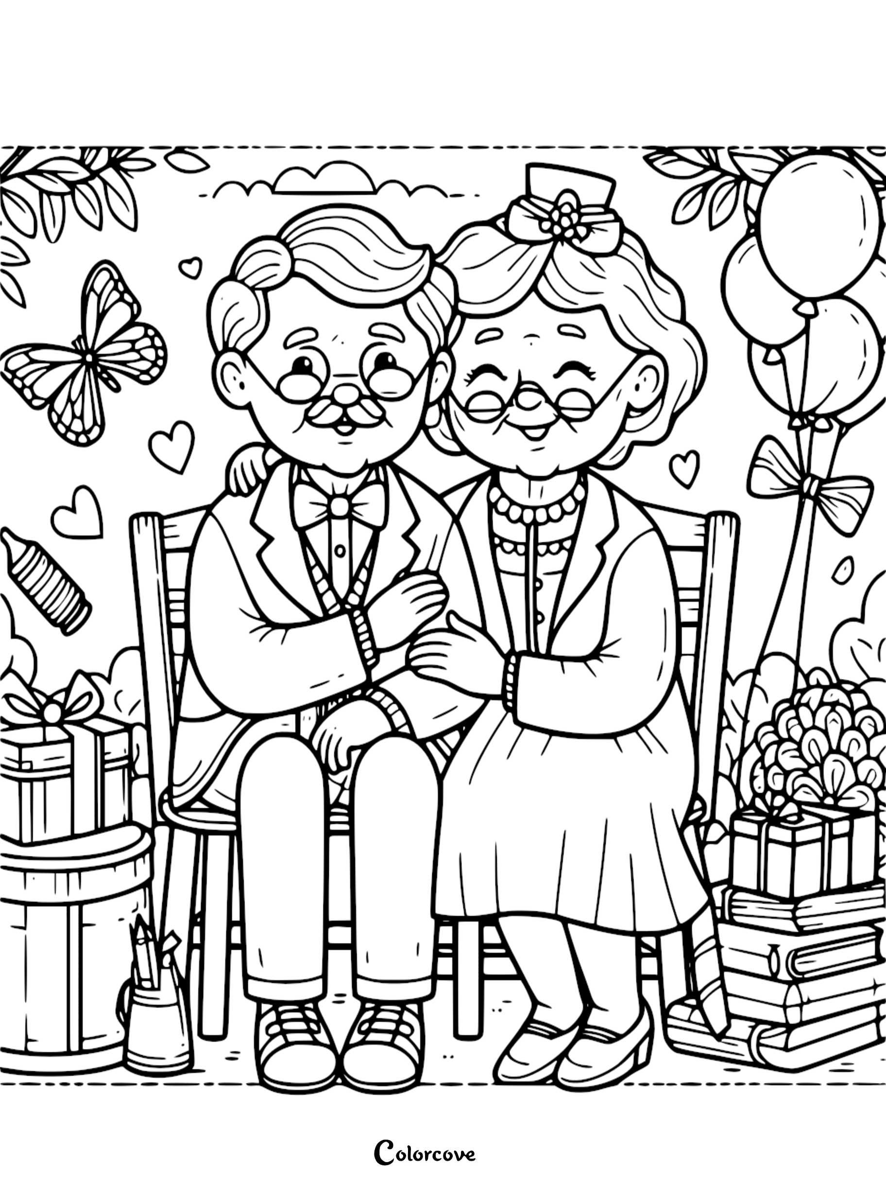 A printable coloring page featuring a smiling grandfather and grandmother sitting together on a bench surrounded by gifts, a butterfly, and balloons for Grandparents Day.