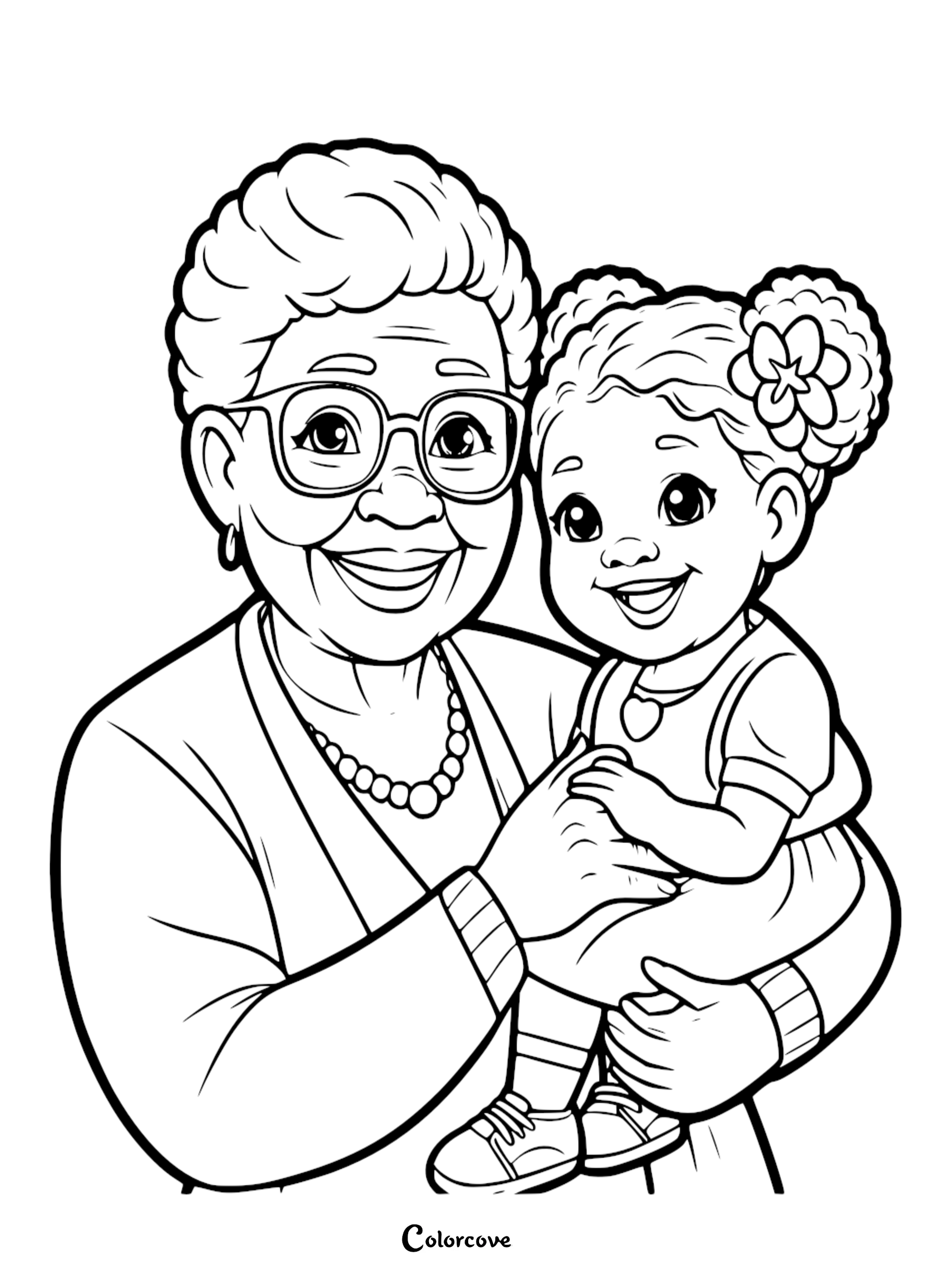 A heartwarming line art coloring page featuring a smiling grandmother with glasses and a beaded necklace holding a cheerful young granddaughter wearing double buns and a flower accessory.