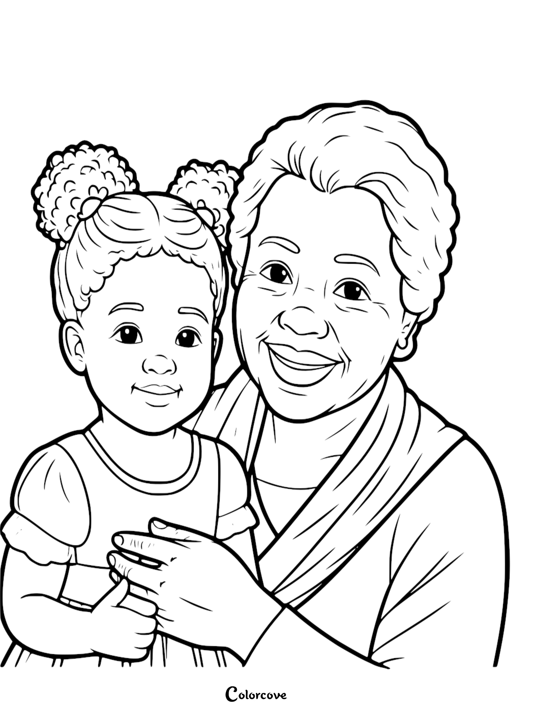 A heartwarming line art coloring page of an elderly grandmother smiling while holding her young granddaughter who wears her hair in two curly puff buns.
