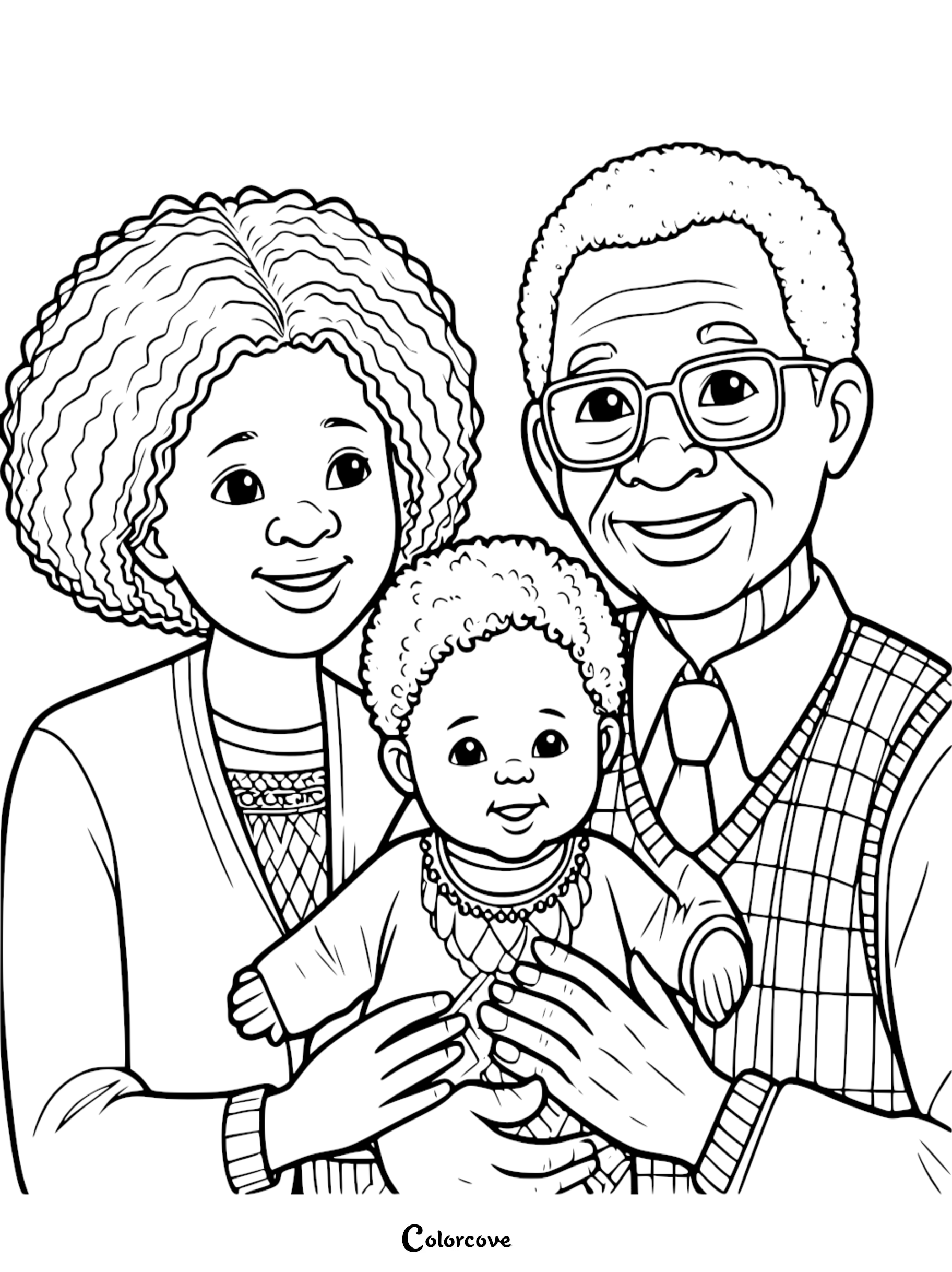 A smiling grandmother with curly hair and a grandfather wearing glasses and a sweater vest holding a happy baby in this printable coloring page.