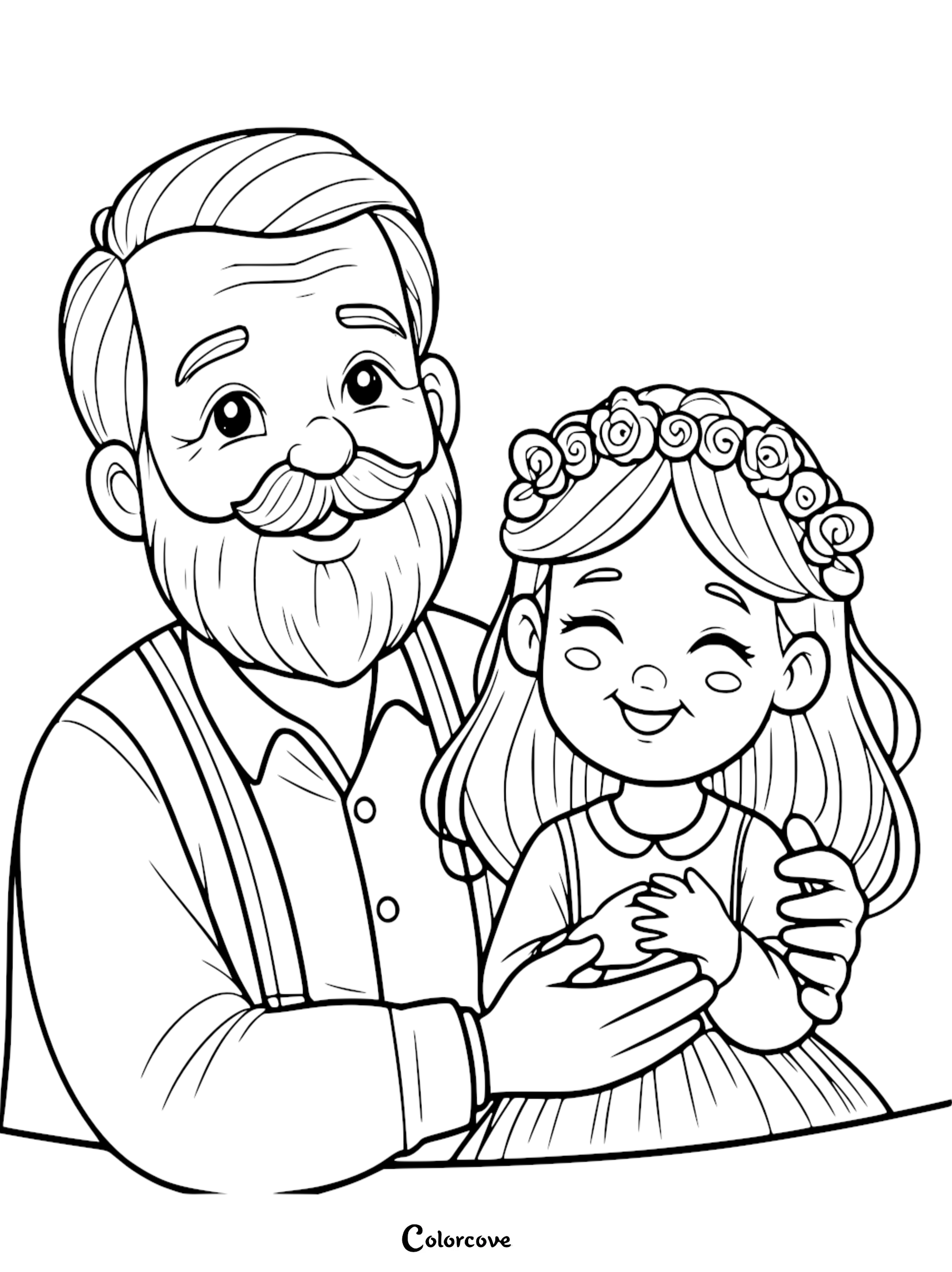 A heartwarming line art coloring page featuring a smiling grandfather with a beard and suspenders embracing his joyful young granddaughter who wears a flower crown.