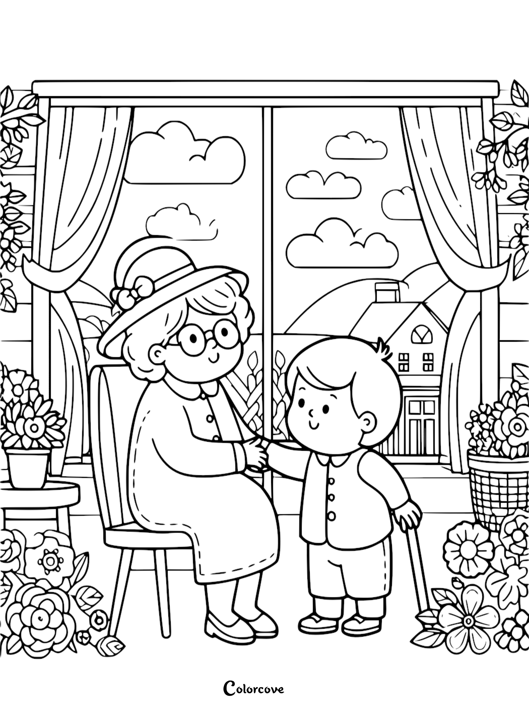 A heartwarming coloring page featuring a grandmother in a hat sitting in a chair holding hands with her grandson who is standing beside a large window looking out at a house and clouds.
