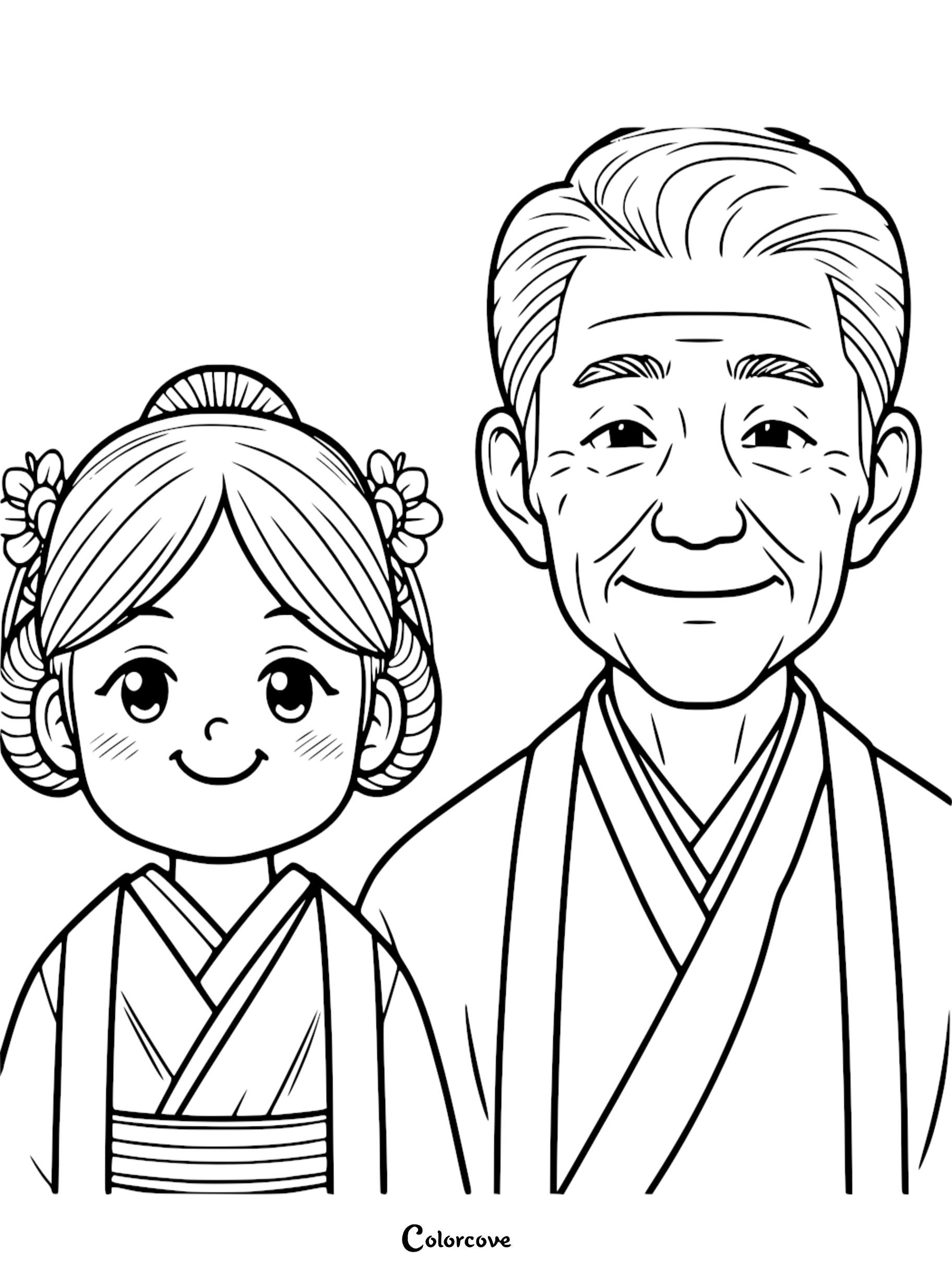 An elderly Japanese grandfather with short hair and a young granddaughter with hair buns in traditional clothing in this black and white coloring page.