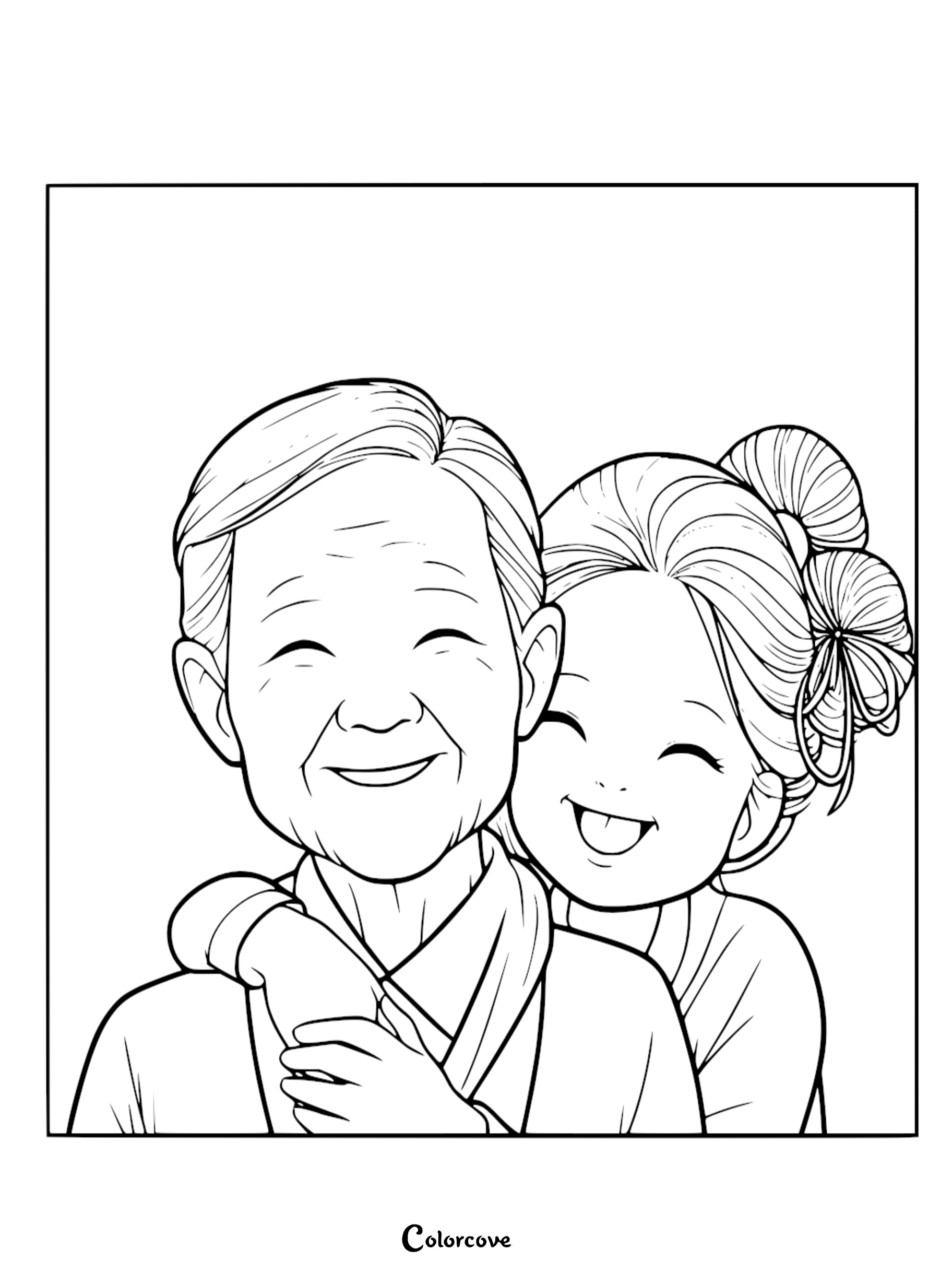 A heartwarming line art coloring page featuring an elderly grandmother with a gentle smile being affectionately hugged by her young granddaughter with a messy bun hairstyle.