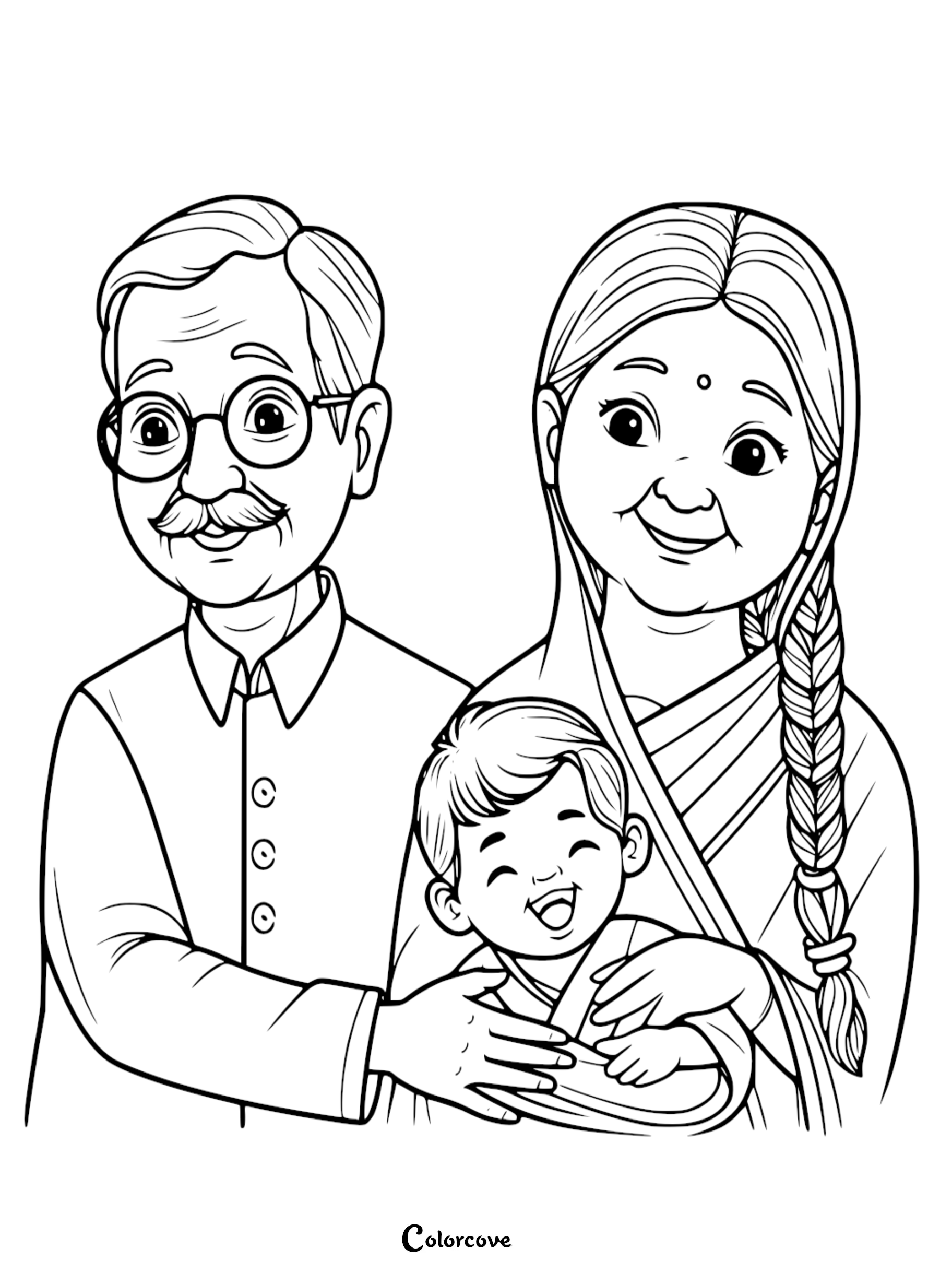 A printable coloring page featuring a smiling elderly couple and their happy baby, with grandfather wearing glasses and grandmother wearing a saree with a side braid.