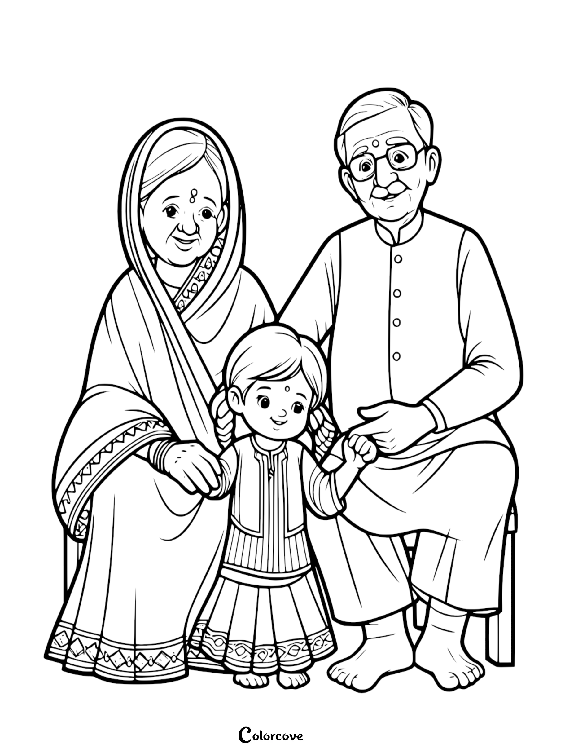 An Indian grandmother in a sari and grandfather in a kurta holding hands with their granddaughter in a traditional dress, coloring page.