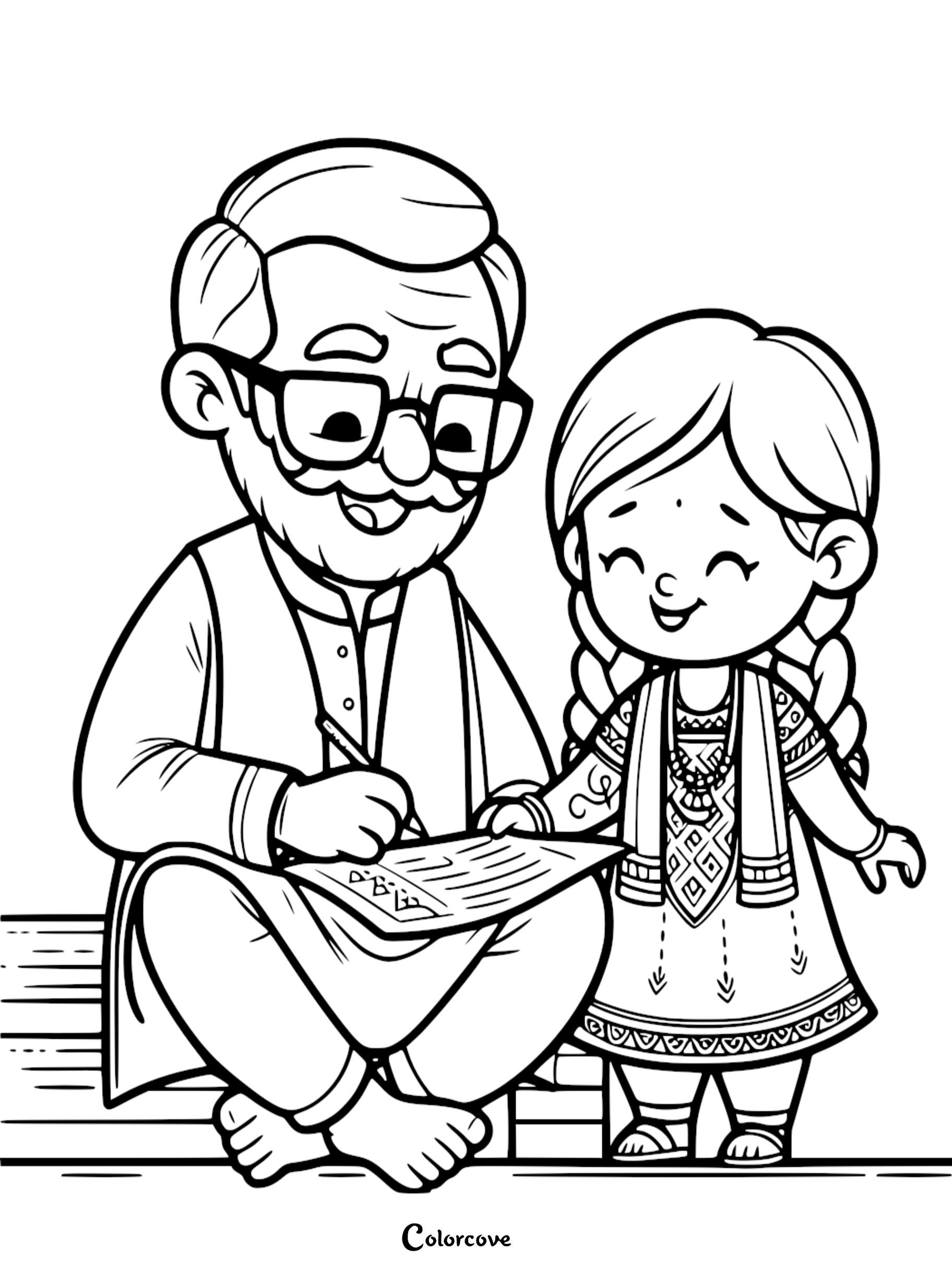 A grandfather in a vest and glasses writing on a paper while his granddaughter with braids watches, line art coloring page.