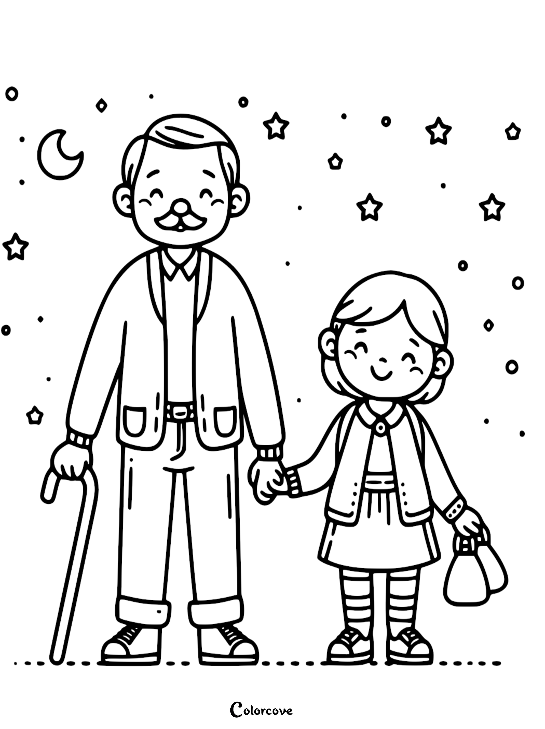 A printable coloring page featuring a smiling grandfather holding a cane and his granddaughter holding a small purse, standing together under a starry night sky with a crescent moon.