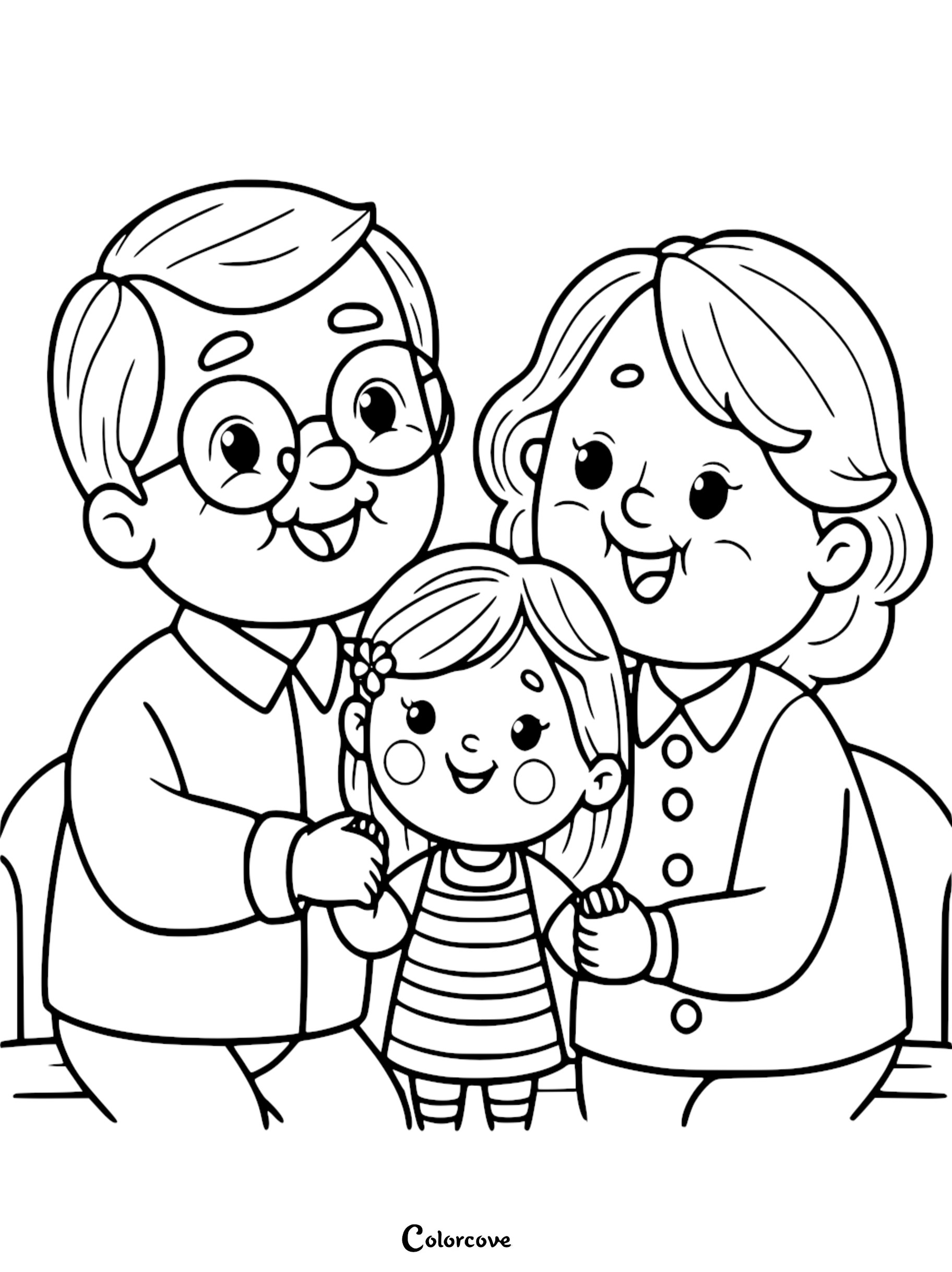 Grandparents Day coloring page featuring a smiling grandfather in glasses and a grandmother sitting with their small granddaughter who has a flower in her hair.