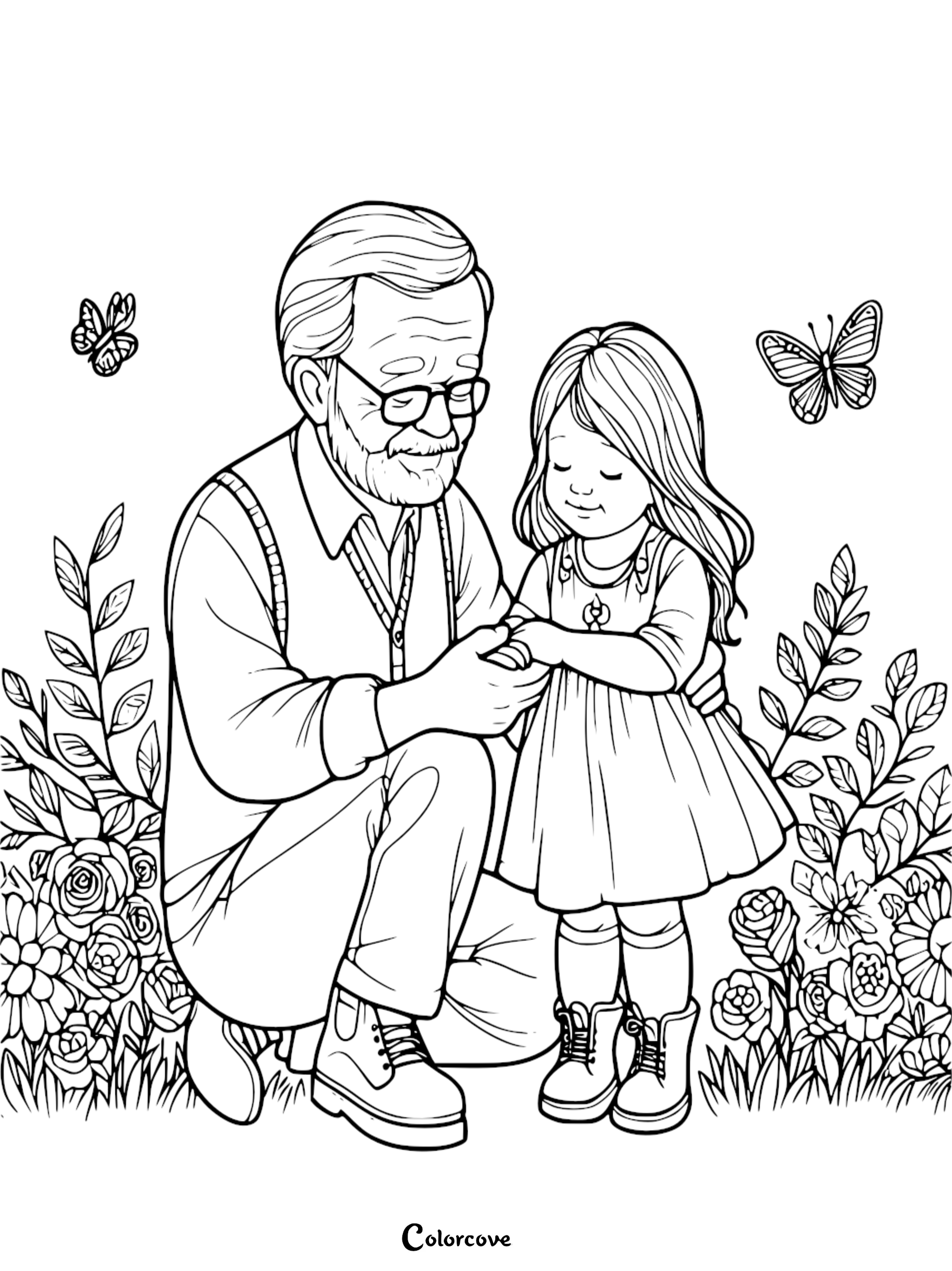 A heartwarming coloring page featuring a kind grandfather with glasses and a beard kneeling in a garden, tenderly holding his granddaughter's hands amidst roses and butterflies.