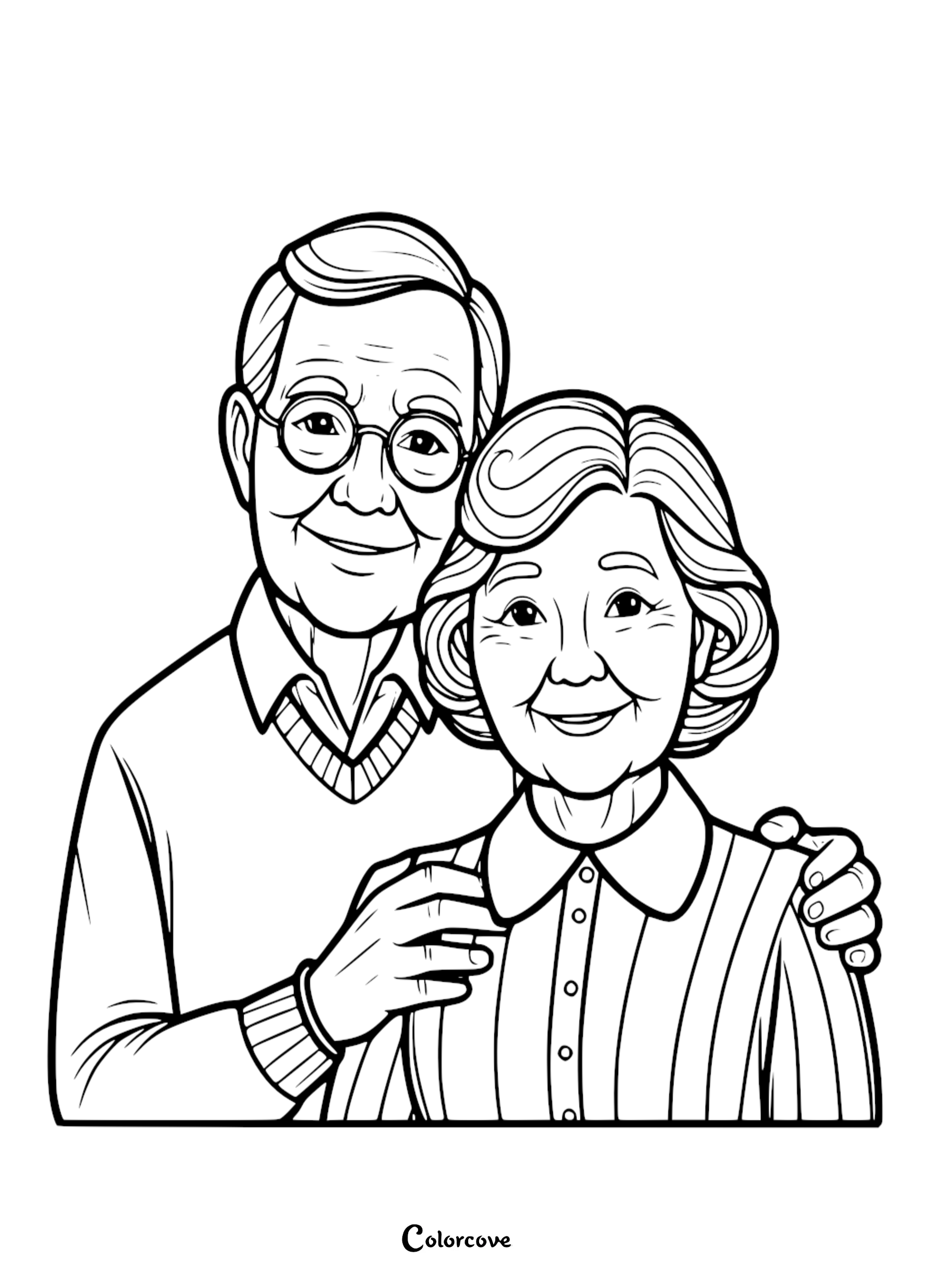 An elderly grandfather wearing round glasses and a v-neck sweater with his arm around a grandmother wearing a collared, button-down shirt in a detailed line art coloring page.