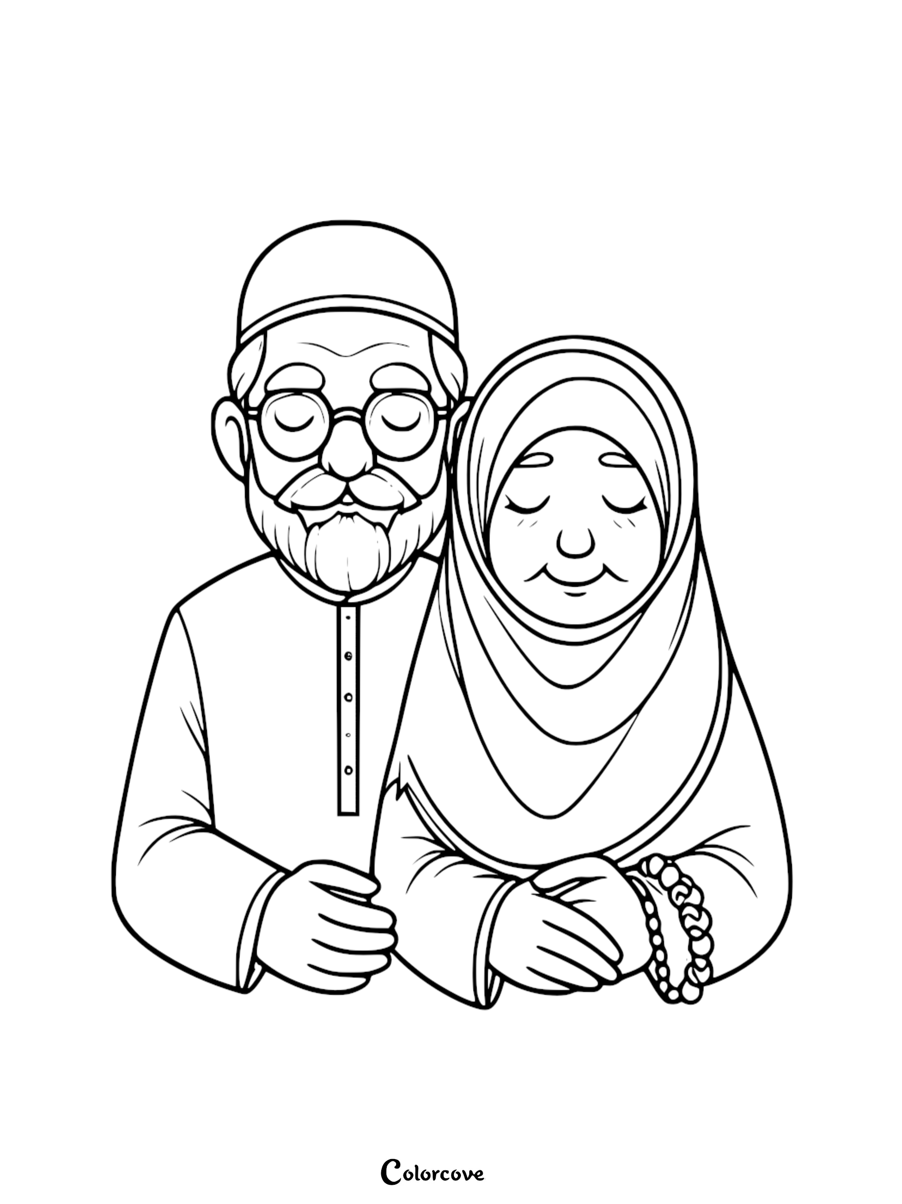 A printable coloring page featuring a smiling elderly Muslim couple with eyes closed, the grandfather wearing a kufi and glasses, and the grandmother wearing a hijab and holding prayer beads.