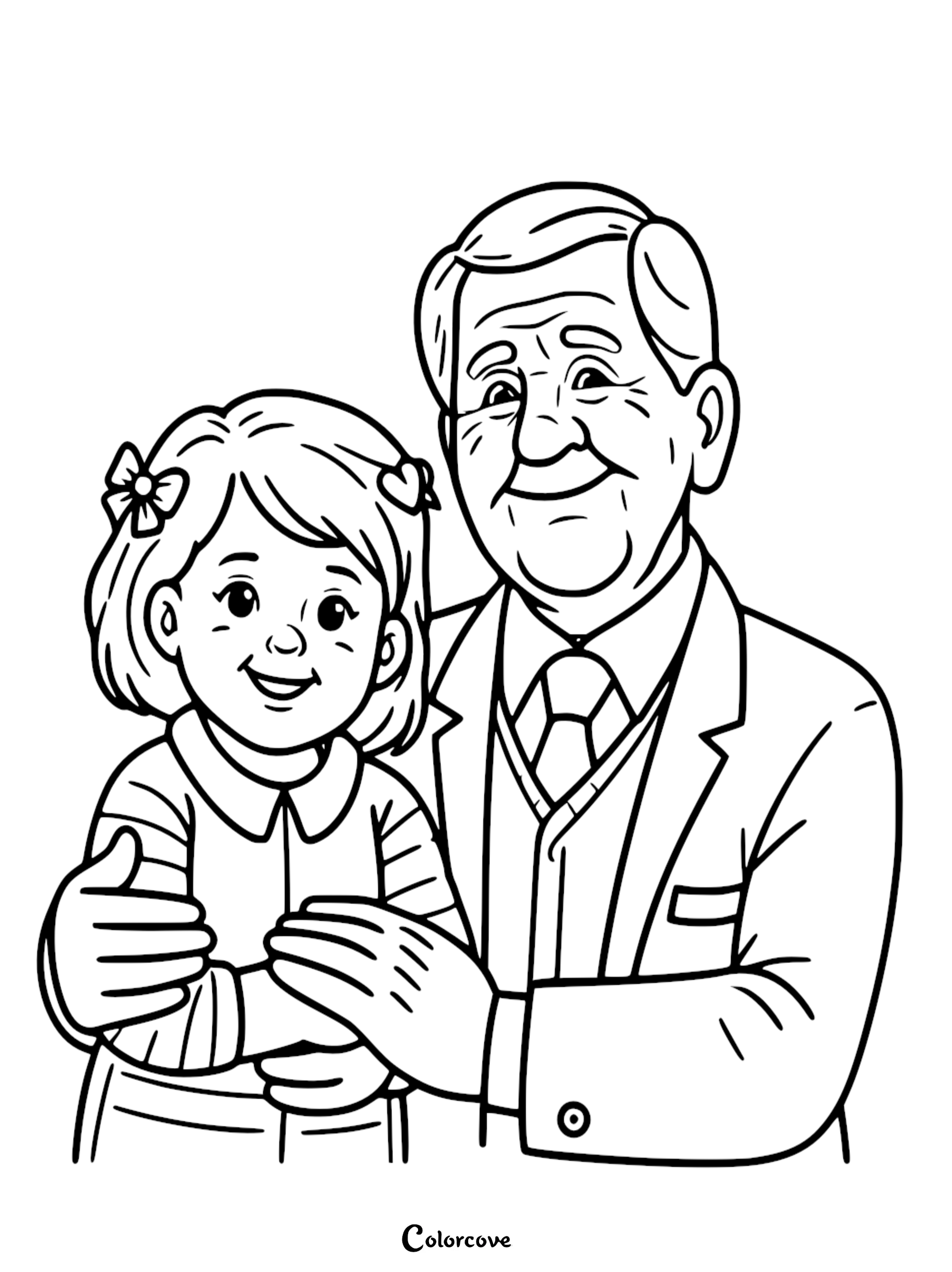 A heartwarming line art coloring page featuring a smiling grandfather in a suit and sweater vest hugging his young granddaughter who wears a bow in her hair.