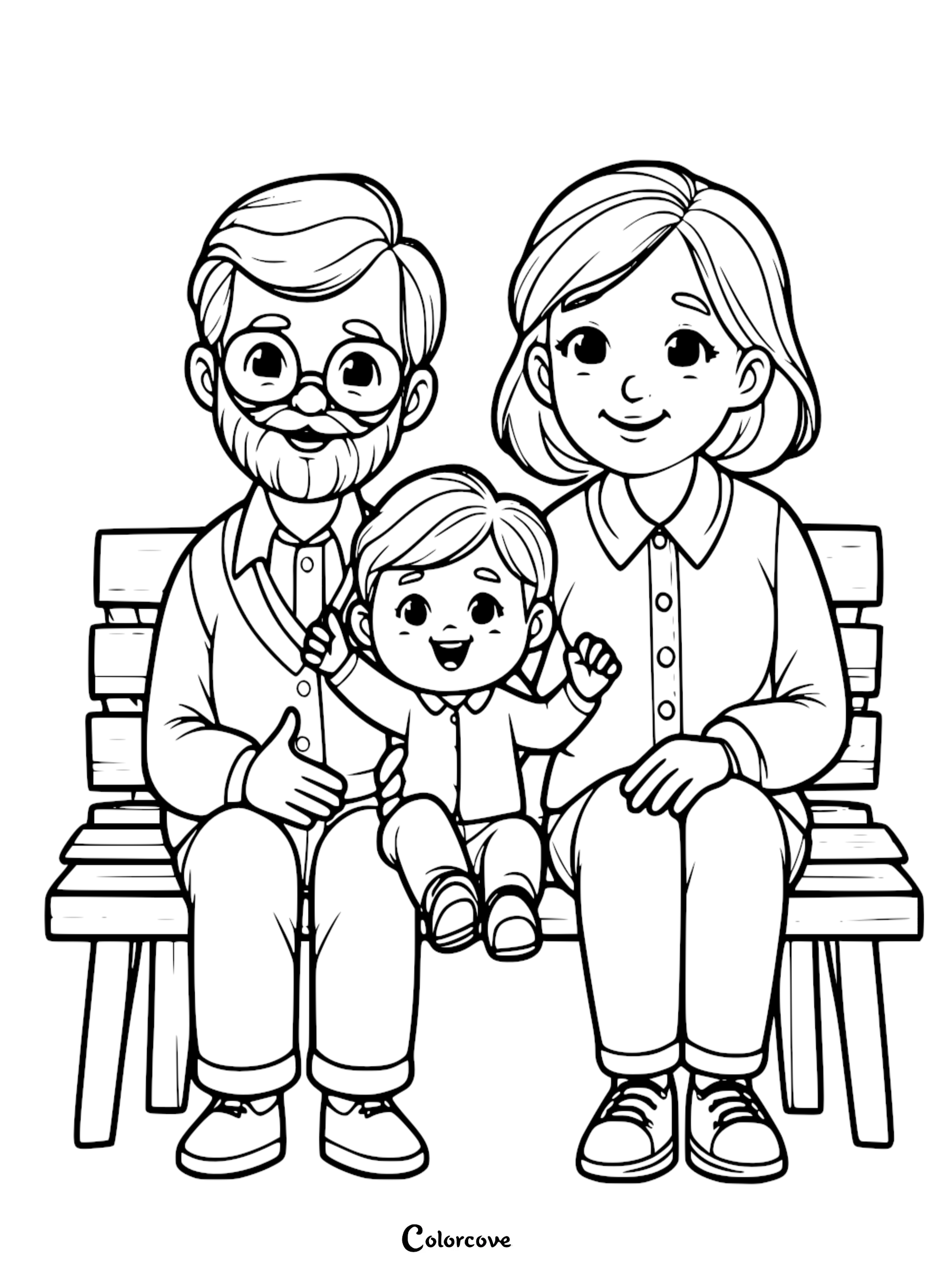 A sweet line art coloring page featuring a smiling grandfather with glasses, a grandmother, and their young grandchild sitting together on a wooden park bench.