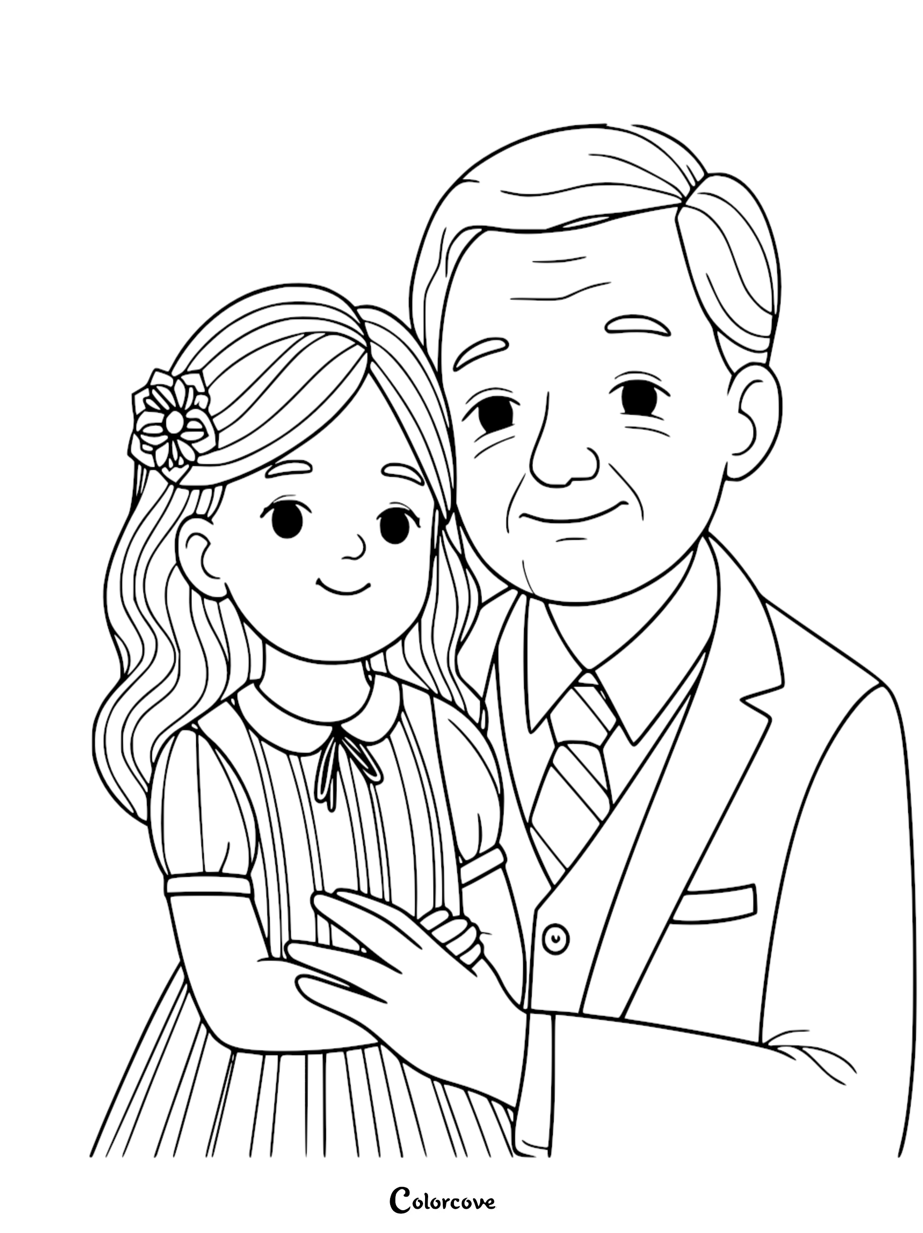 A sweet line art coloring page showing an elderly grandfather in a suit and tie smiling while placing a hand on his granddaughter's shoulder, who is wearing a striped dress with a floral hair accessory.