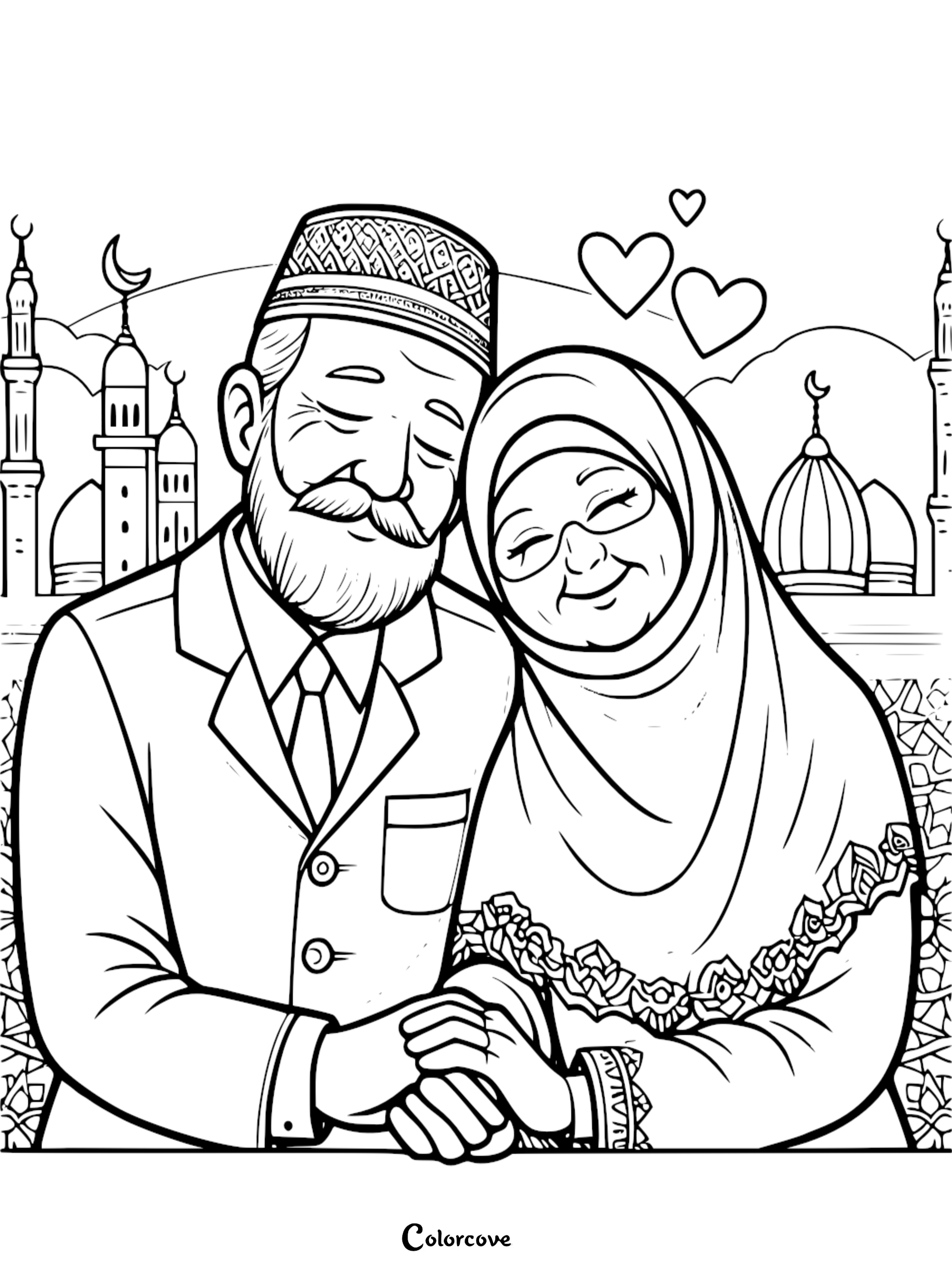 A sweet Muslim couple holding hands, smiling with eyes closed in front of a mosque, featuring a patterned kufi and a hijab on this Grandparents Day coloring page.