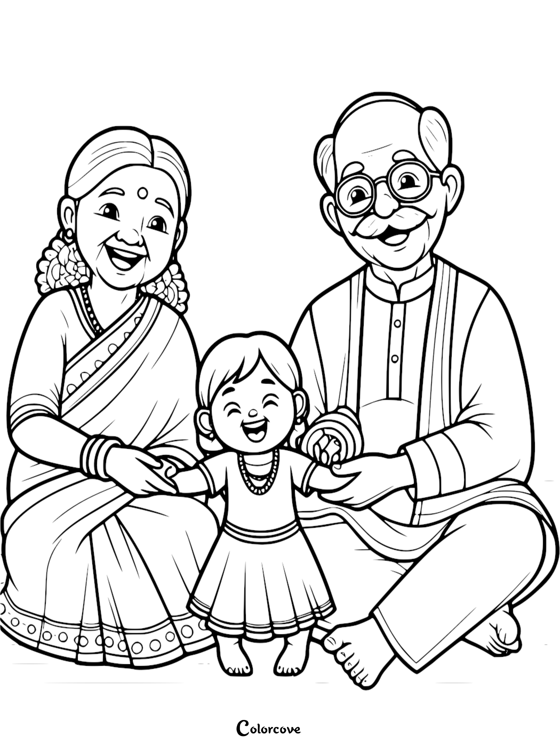 Indian grandparents sitting on the floor holding hands with their smiling granddaughter in a detailed black and white coloring page.