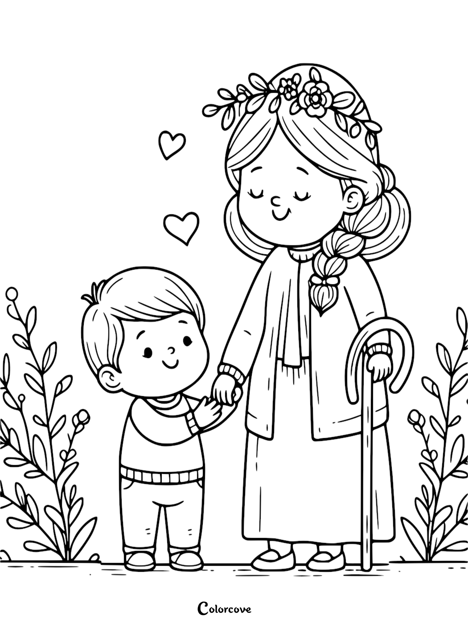 A sweet coloring page featuring a grandmother with a flower crown holding her grandson's hand, accompanied by hearts and plants.