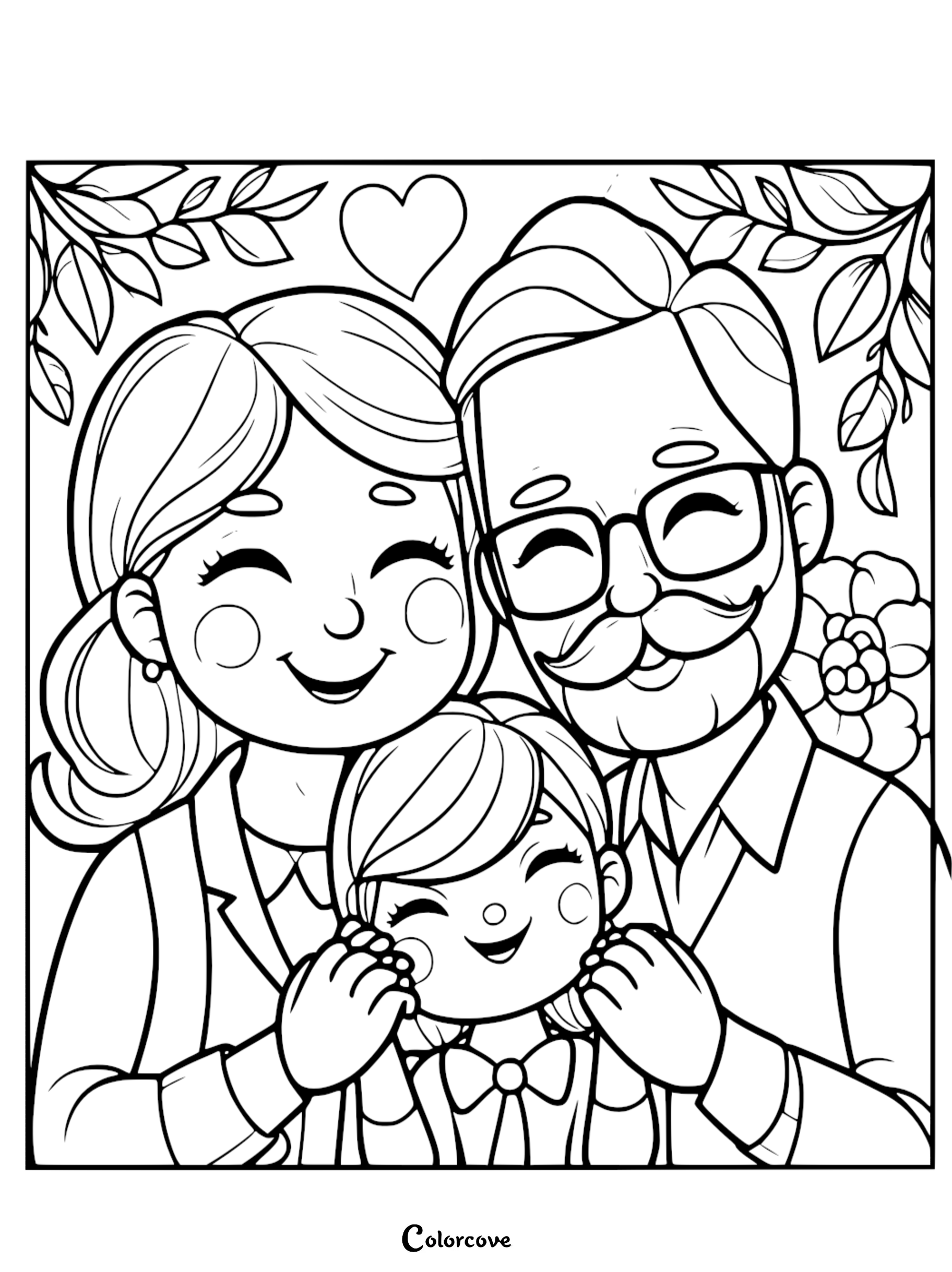 A heartwarming Grandparents Day coloring page featuring a grandmother and grandfather embracing their smiling grandchild surrounded by flowers and a heart.