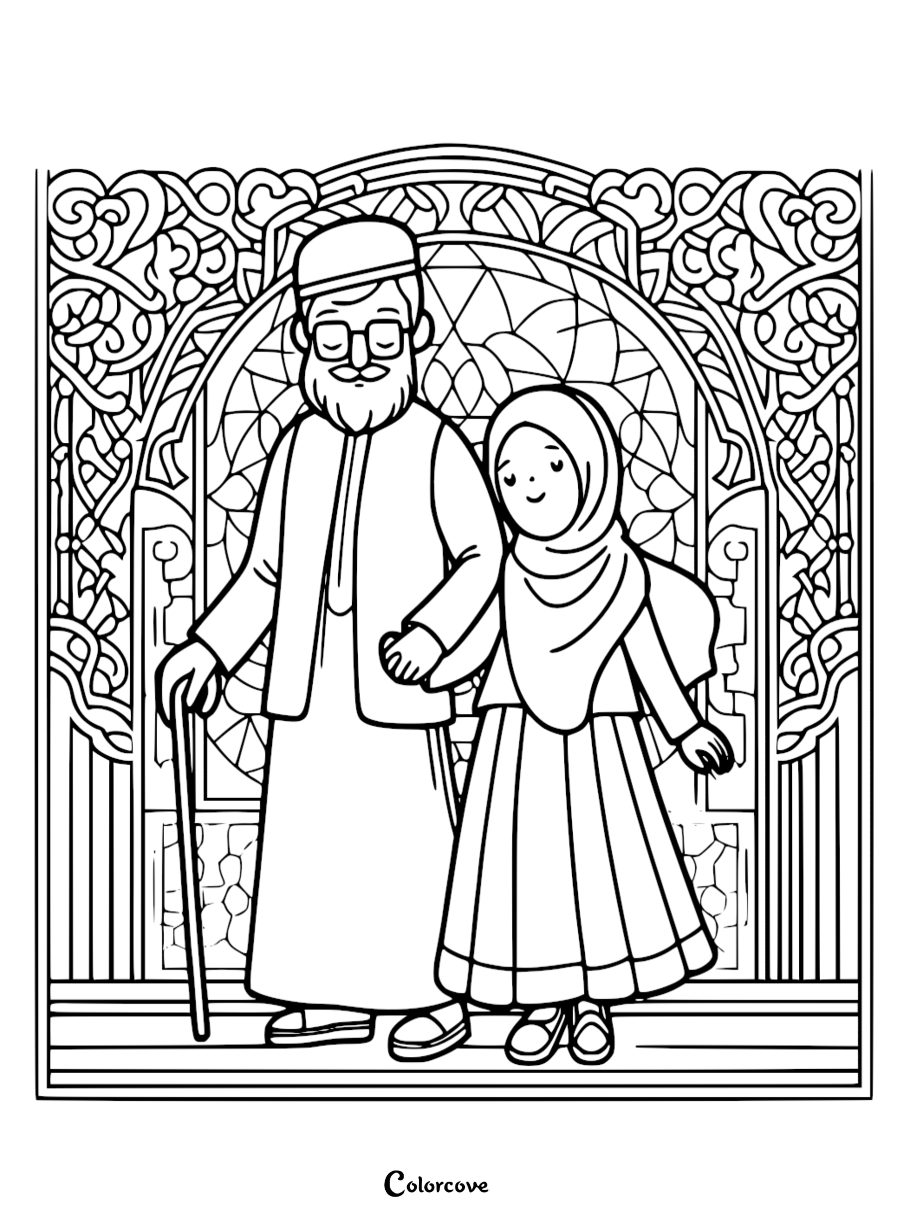An elderly man with a beard and cane walking hand-in-hand with a young girl wearing a hijab in front of an ornate stained glass window, line art coloring page.