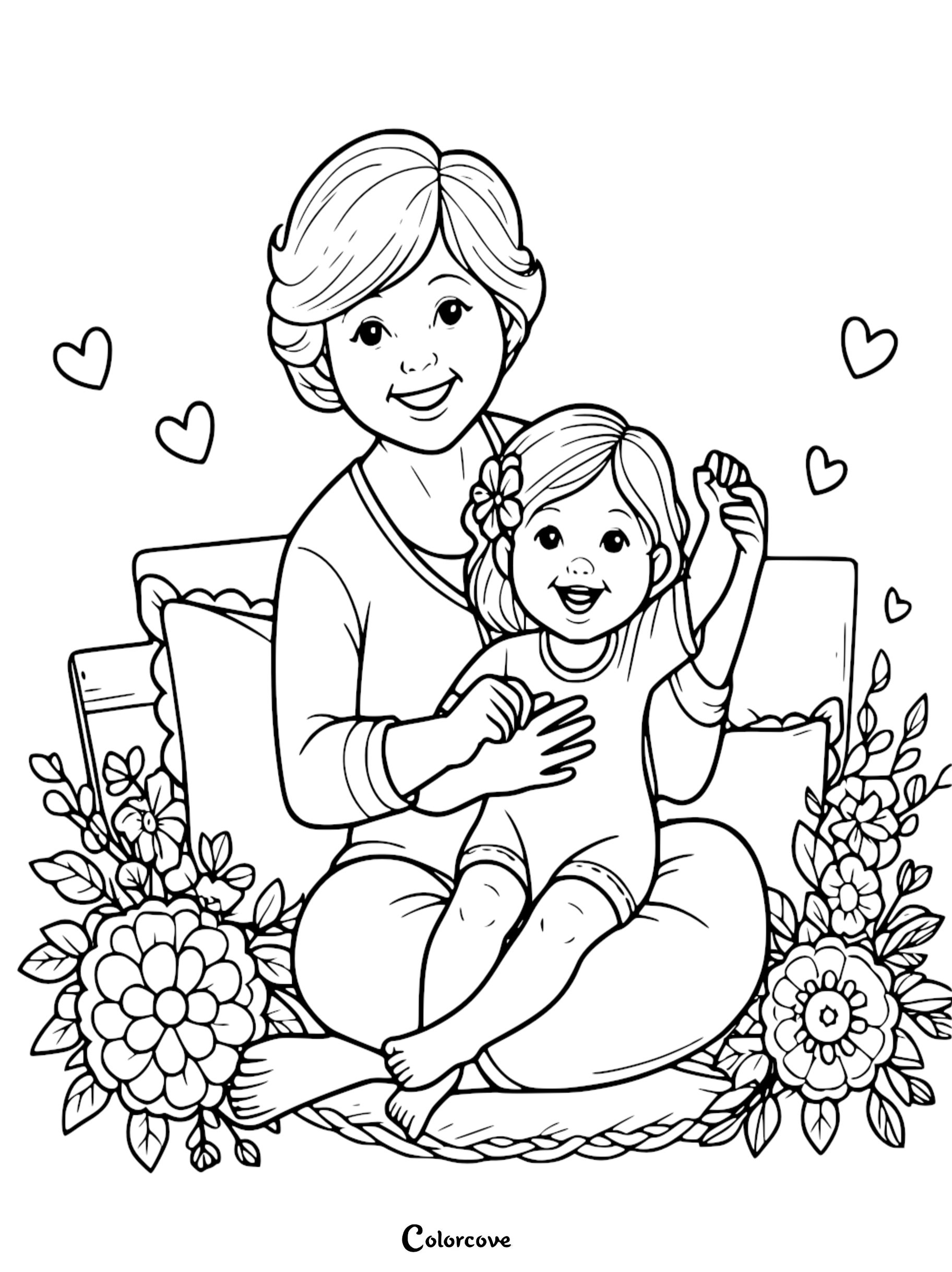 A heartwarming Grandparents Day coloring page featuring a smiling grandmother holding a joyful young granddaughter, surrounded by delicate flower clusters and floating hearts.