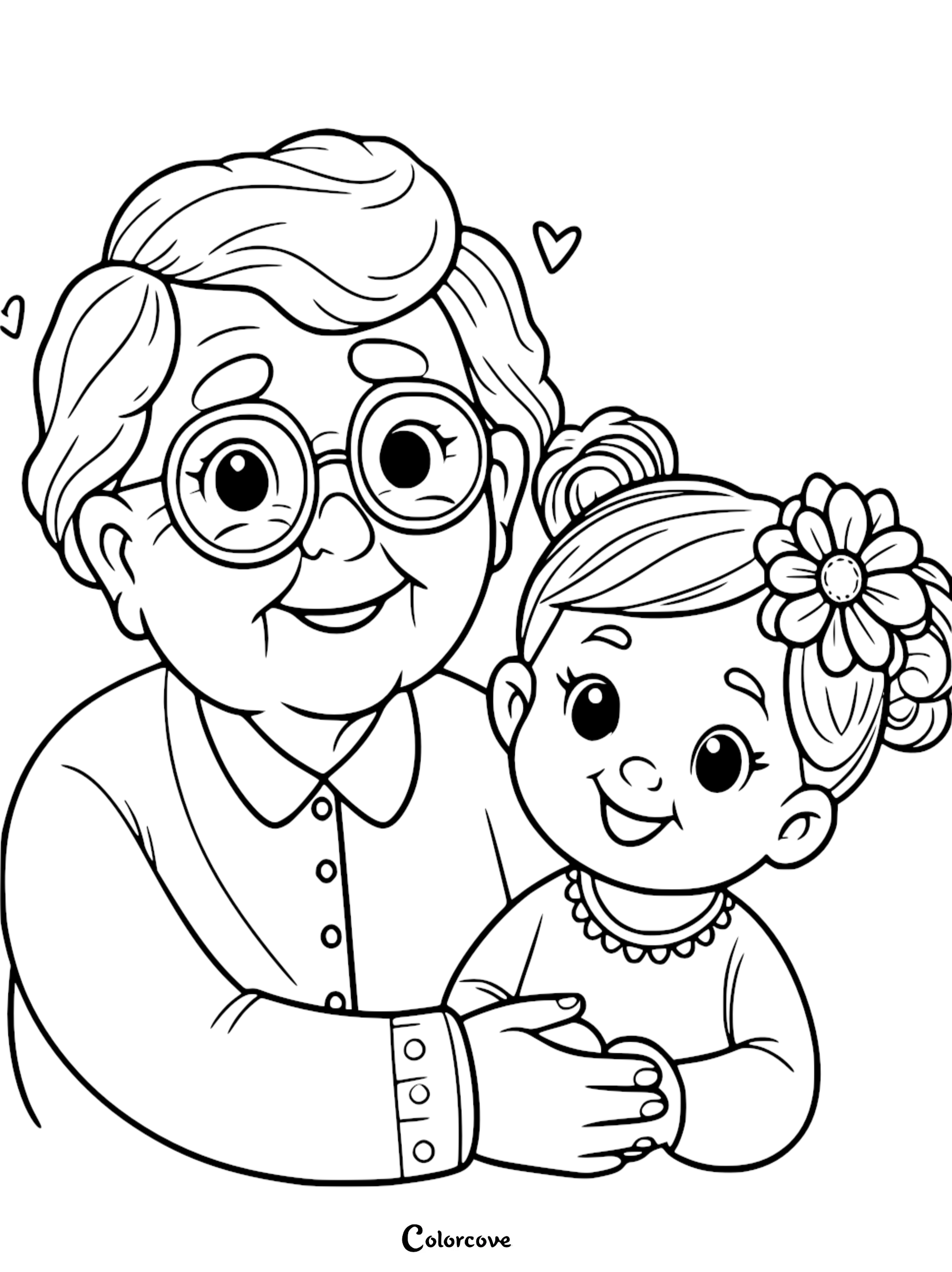 A sweet line art coloring page of a grandmother with round glasses hugging her smiling granddaughter with a flower hair accessory.