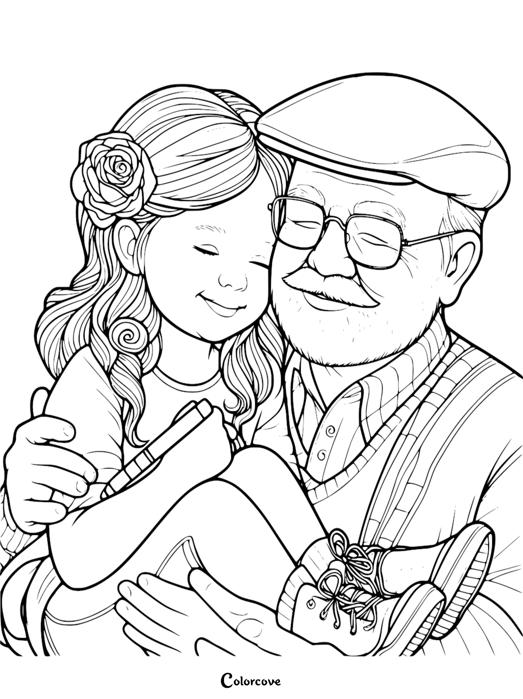 A sweet line art coloring page featuring a smiling grandfather in a flat cap and glasses tenderly embracing his granddaughter who wears a floral hair accessory.