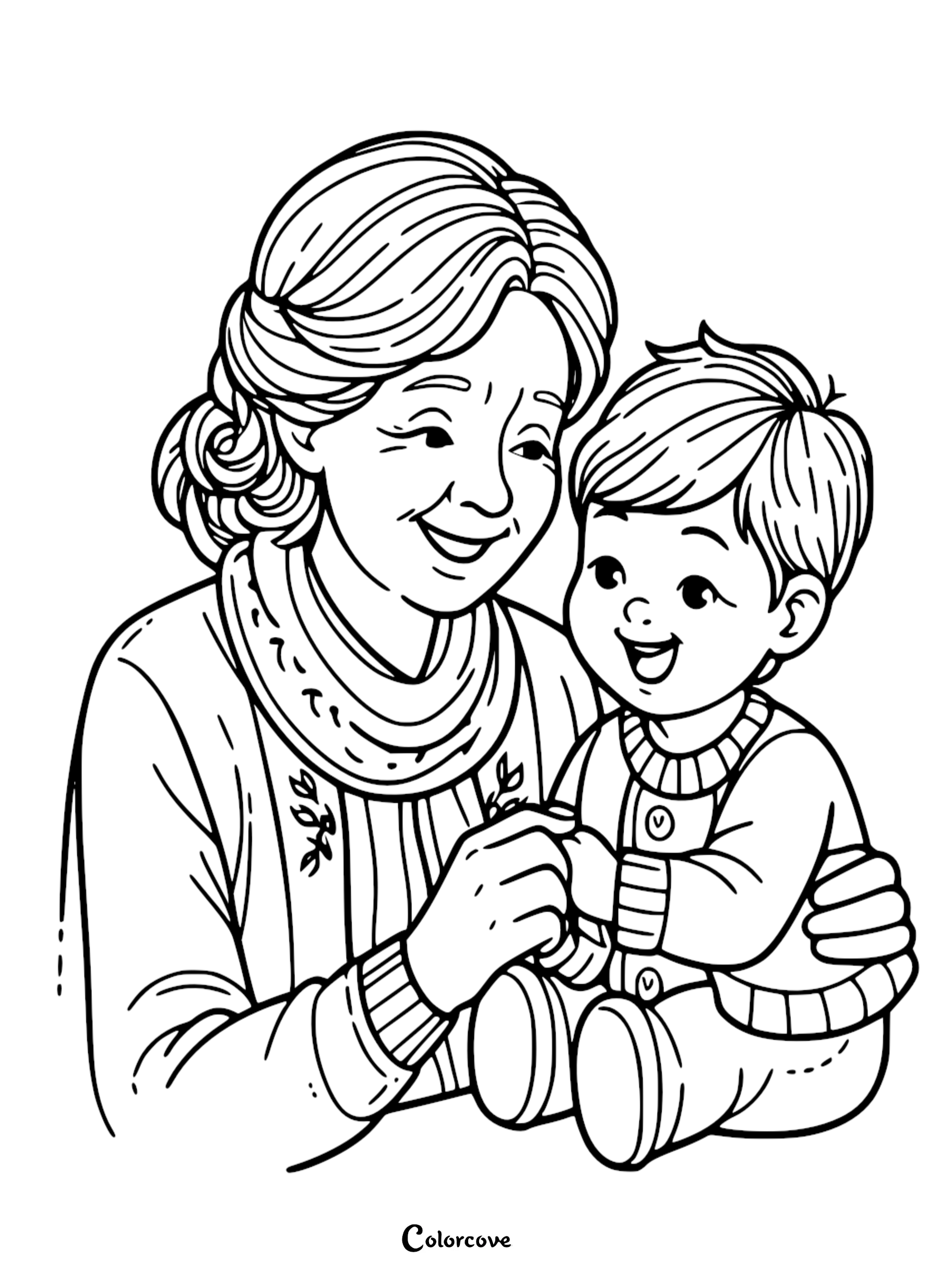 A heartwarming line art coloring page featuring a smiling grandmother with hair in a bun wearing a textured scarf while cradling her joyful young grandson on her lap.