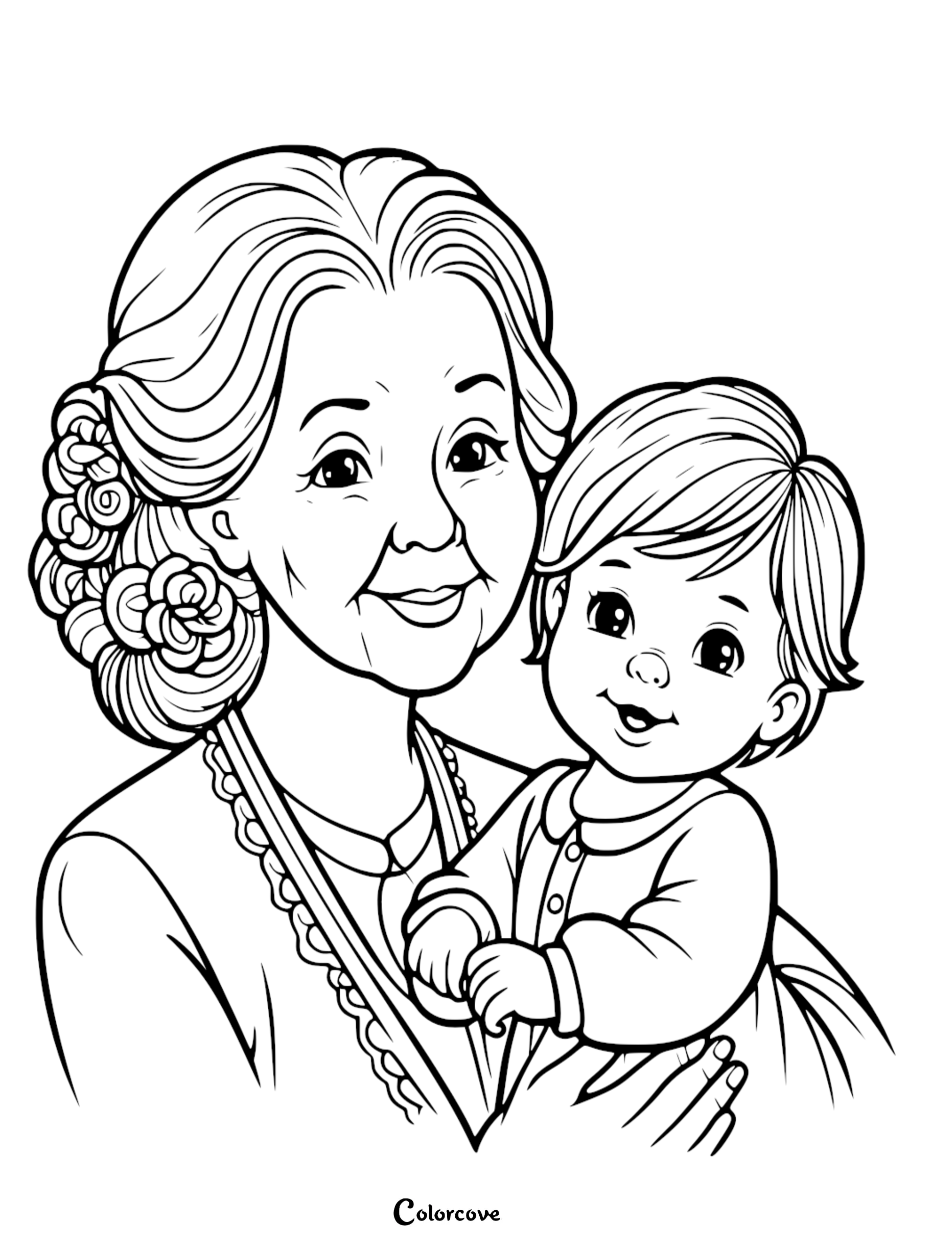 An elderly grandmother with an elegant floral updo holding her smiling baby grandchild, line art coloring page.