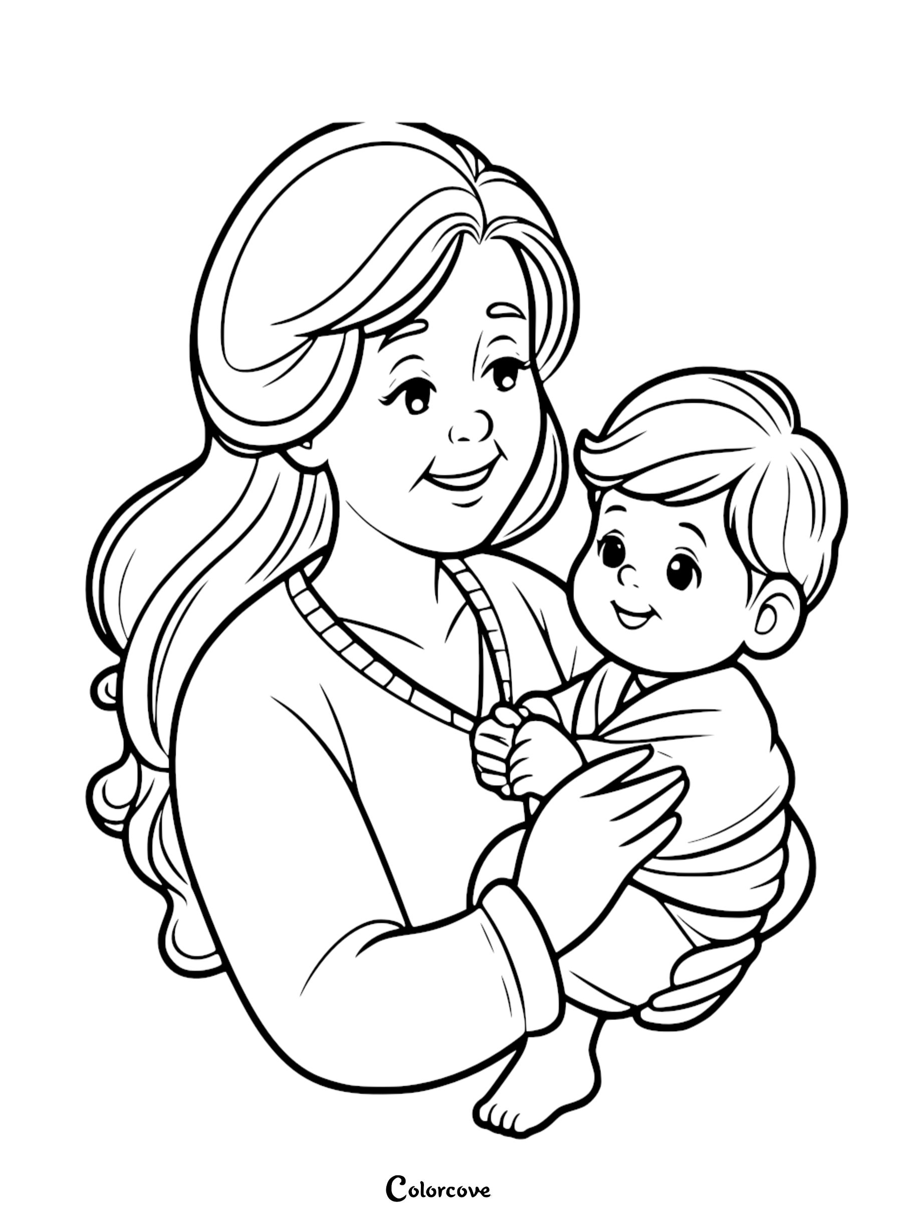 A sweet line art coloring page showing a grandmother with long wavy hair lovingly cradling a smiling newborn baby in a swaddle.