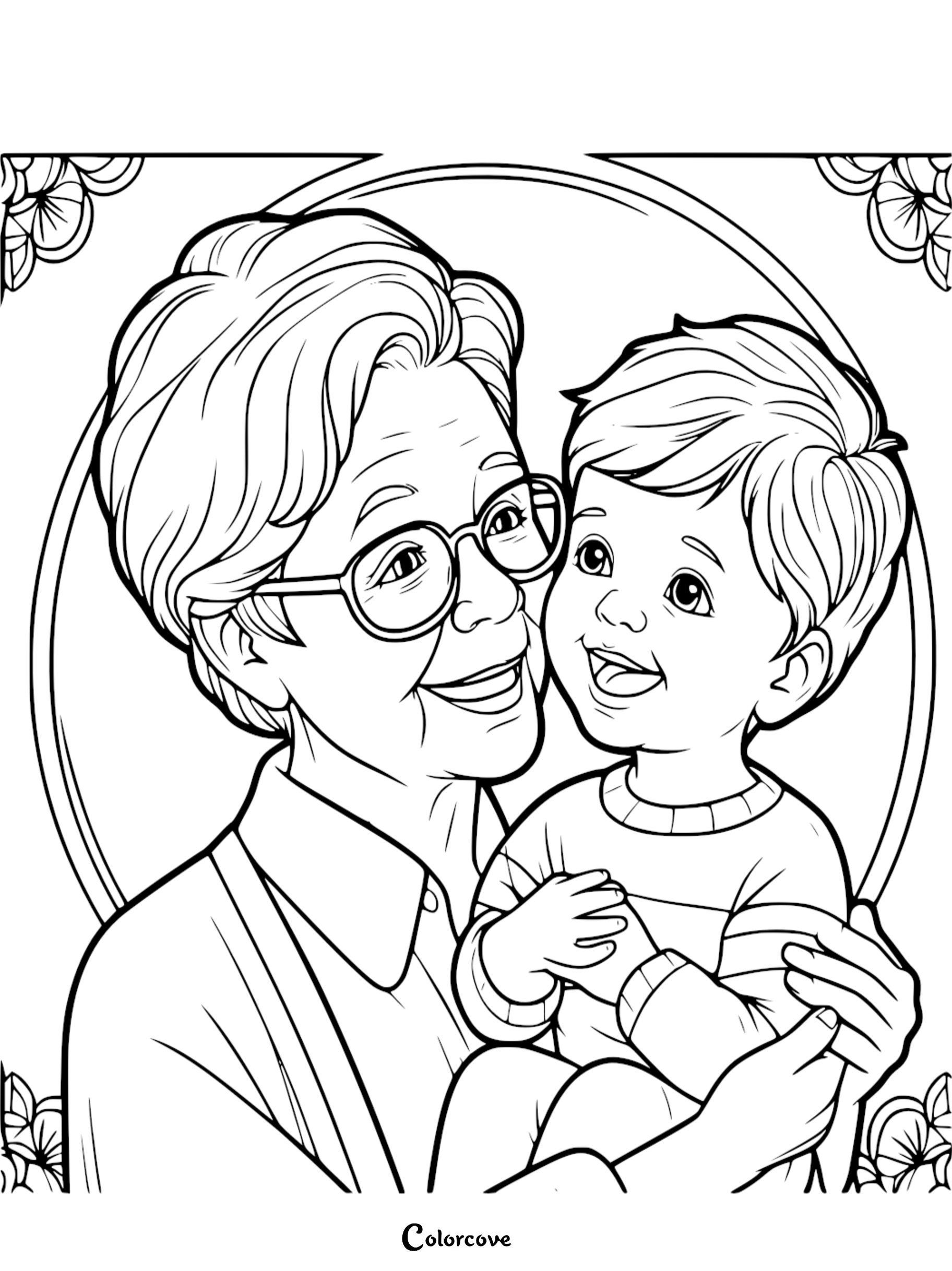 A heartwarming coloring page featuring a smiling grandmother with glasses gently holding her laughing grandson within a circular floral frame.