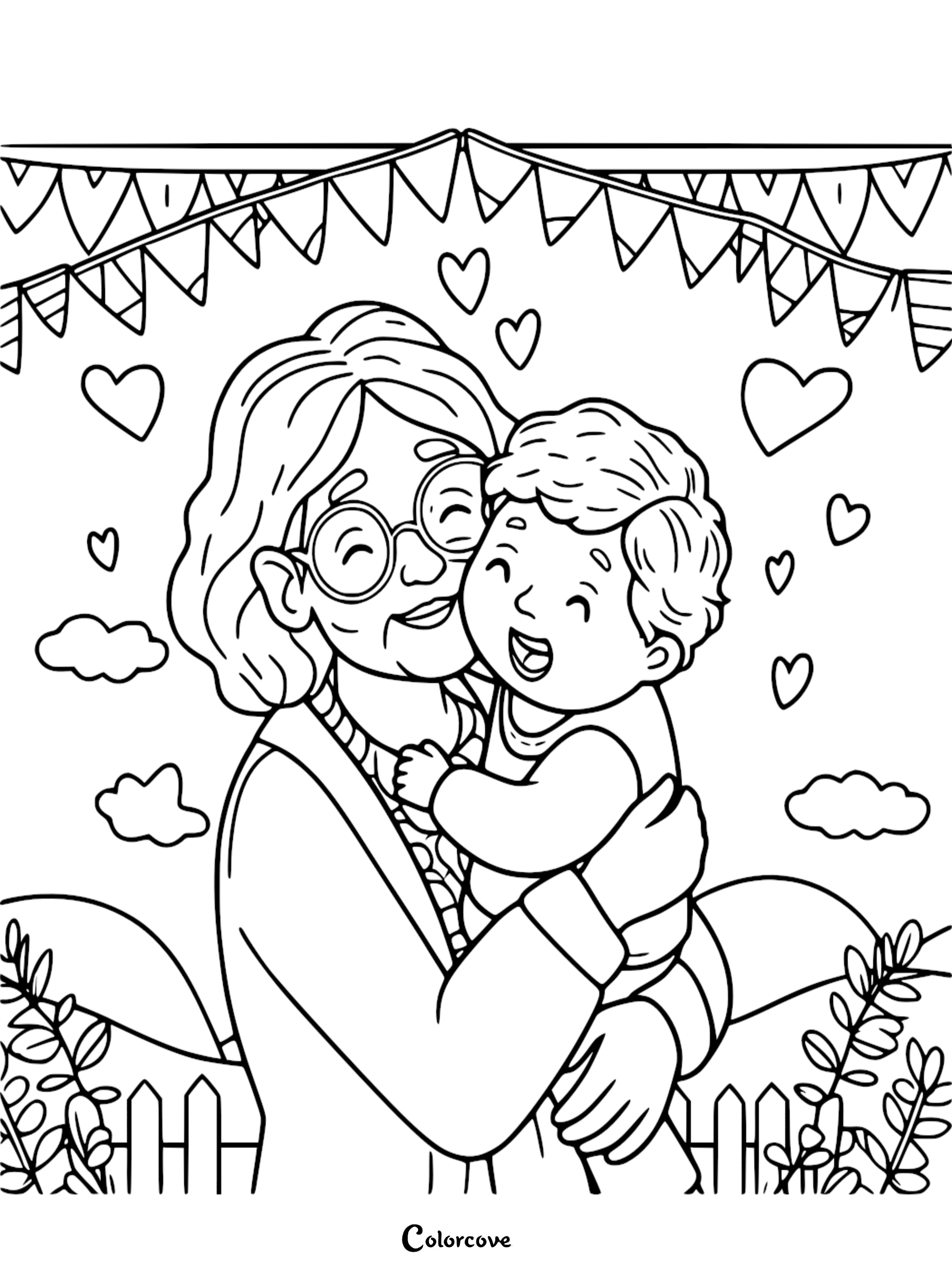 A heartwarming Grandparents Day coloring page featuring a grandmother with round glasses hugging her laughing grandchild, decorated with floating heart icons, bunting flags, and a picket fence background.