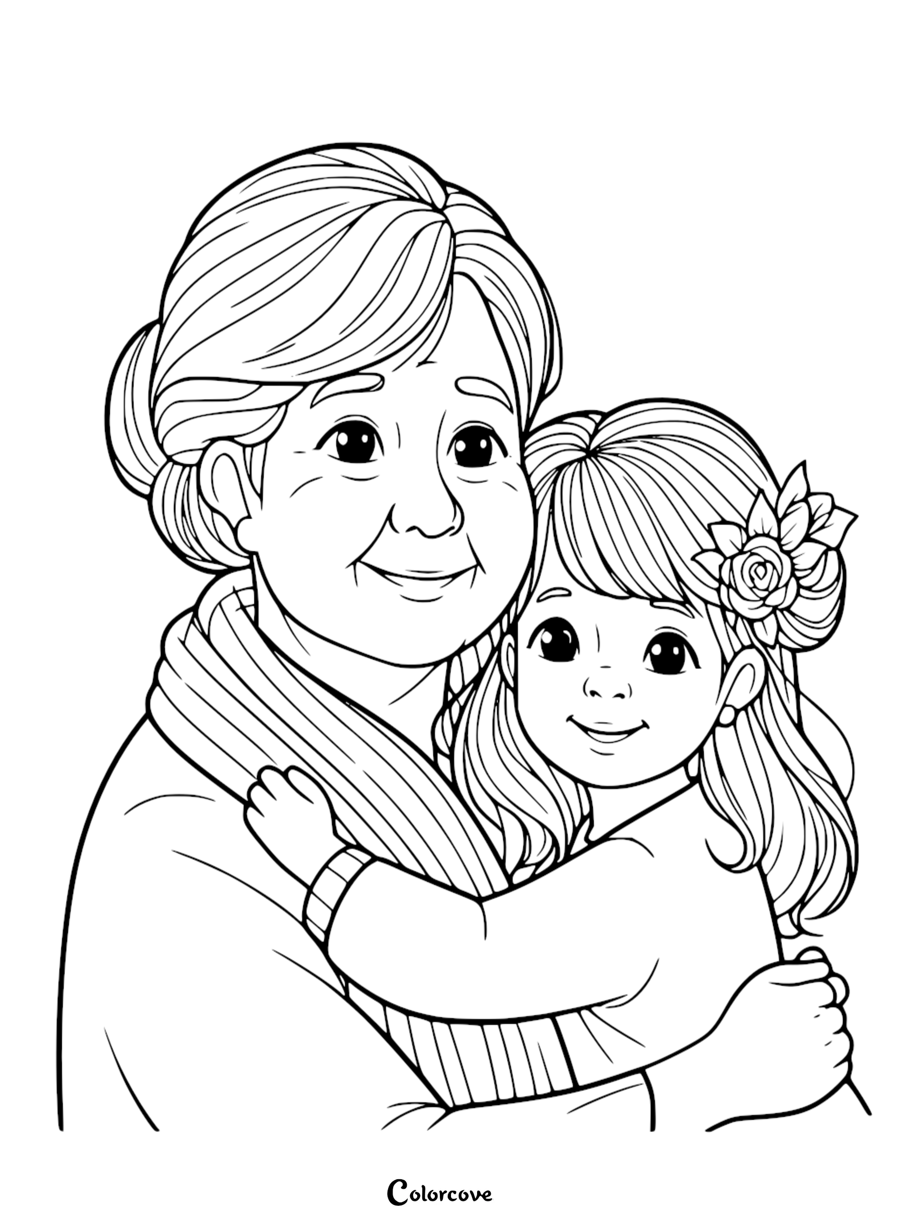 A sweet line art coloring page of an elderly grandmother wearing a scarf while receiving a loving hug from her young granddaughter who has a flower in her hair.