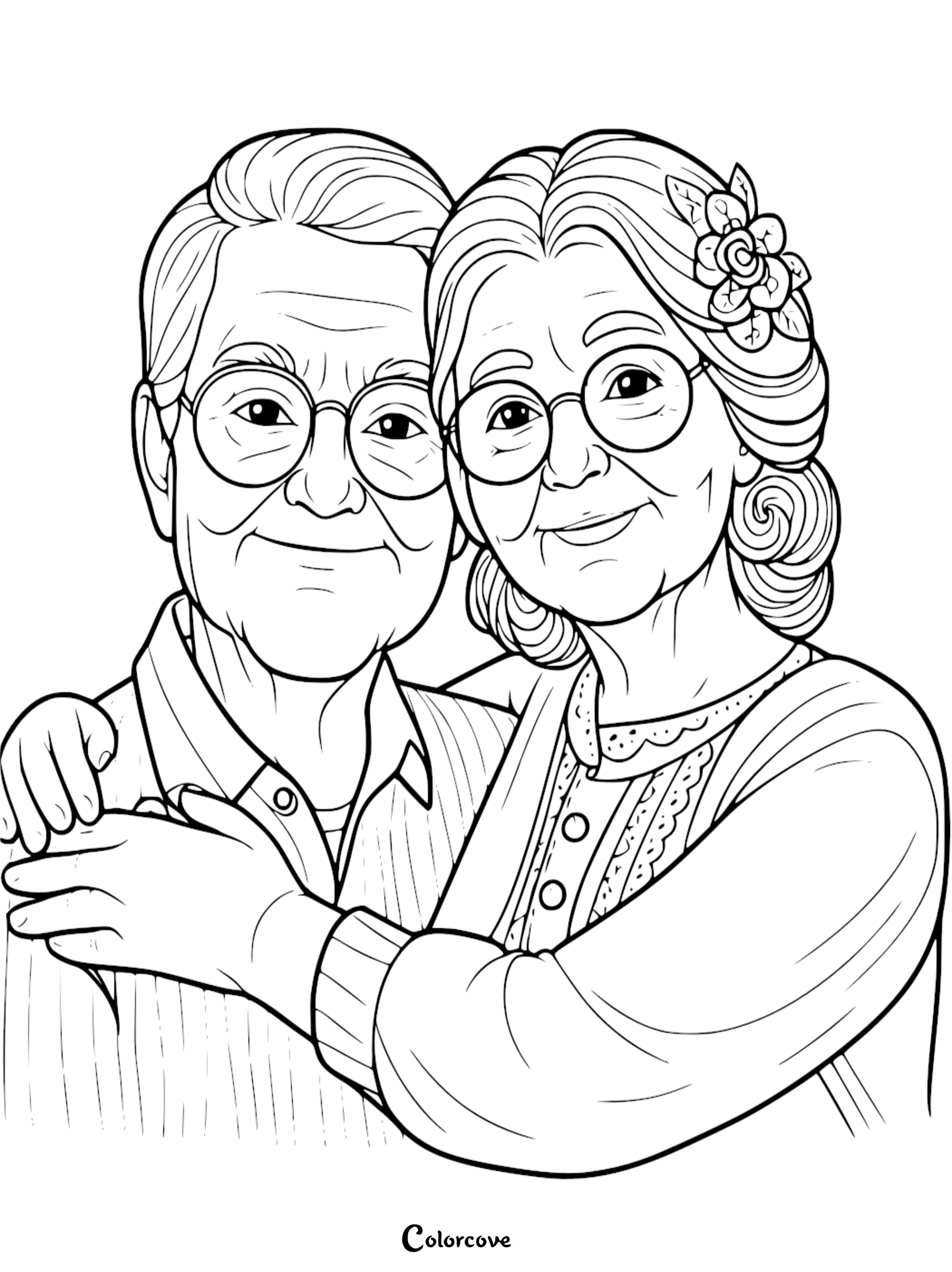 An elderly couple wearing round glasses smiling together in a detailed line art coloring page, grandmother with a flower in her hair.