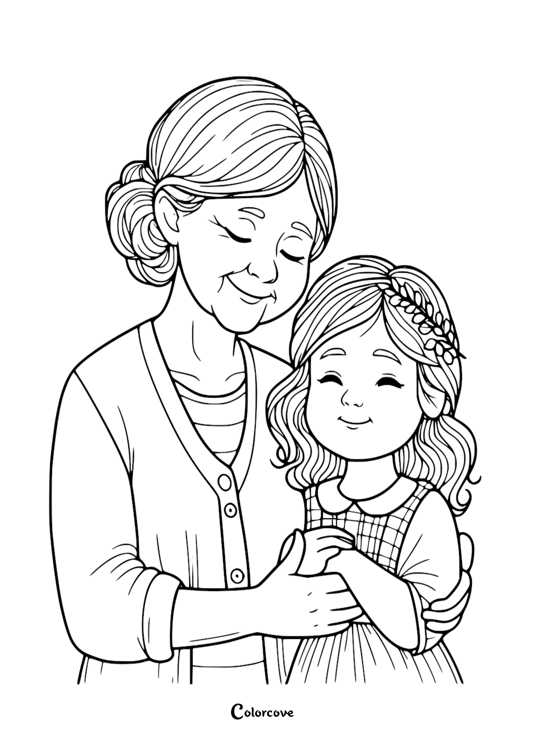 A heartwarming coloring page featuring a grandmother with a bun hairstyle tenderly embracing her young granddaughter who wears a floral crown.