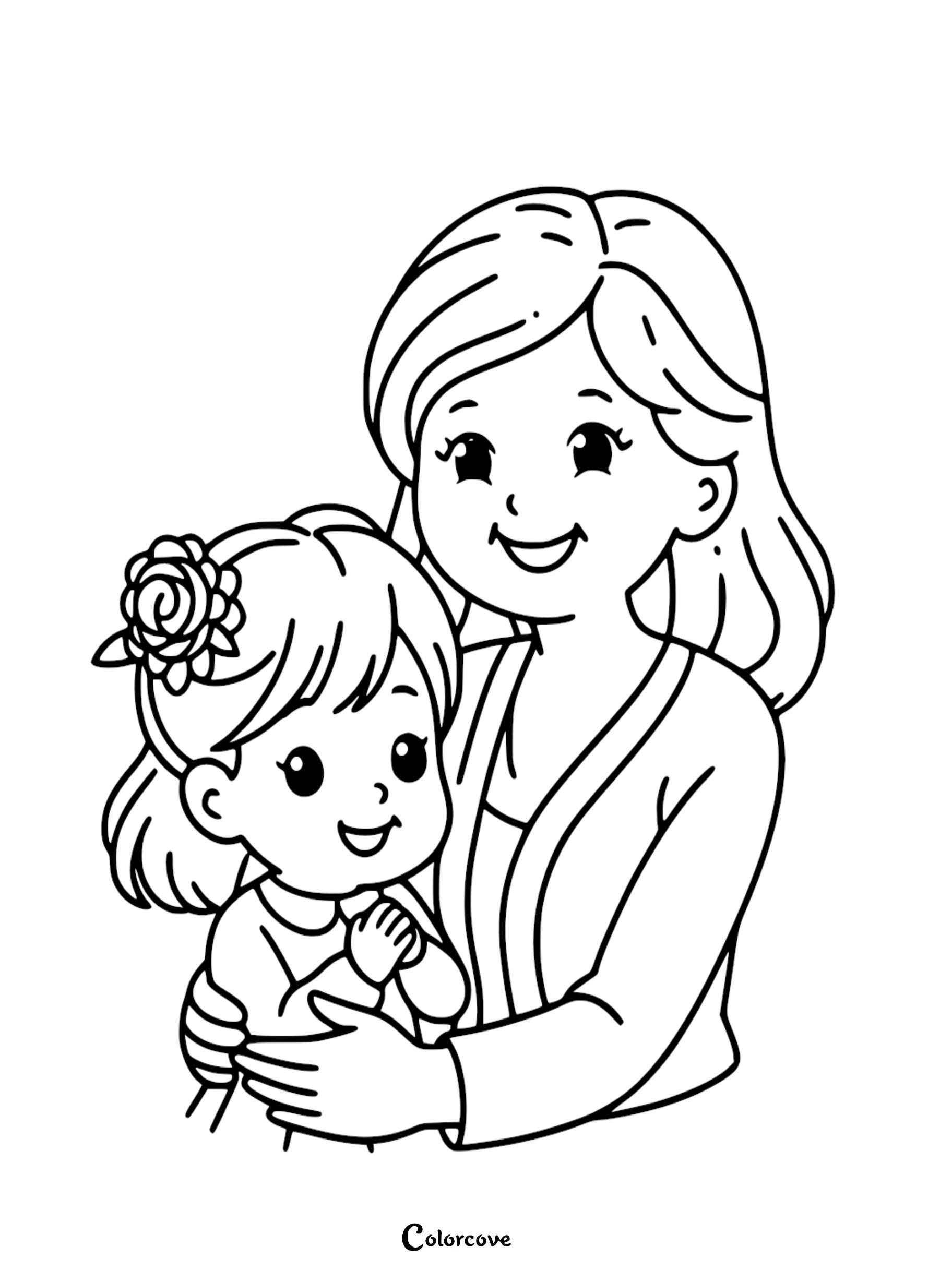 A kind grandmother smiling and holding her young granddaughter in a gentle embrace, line art coloring page.