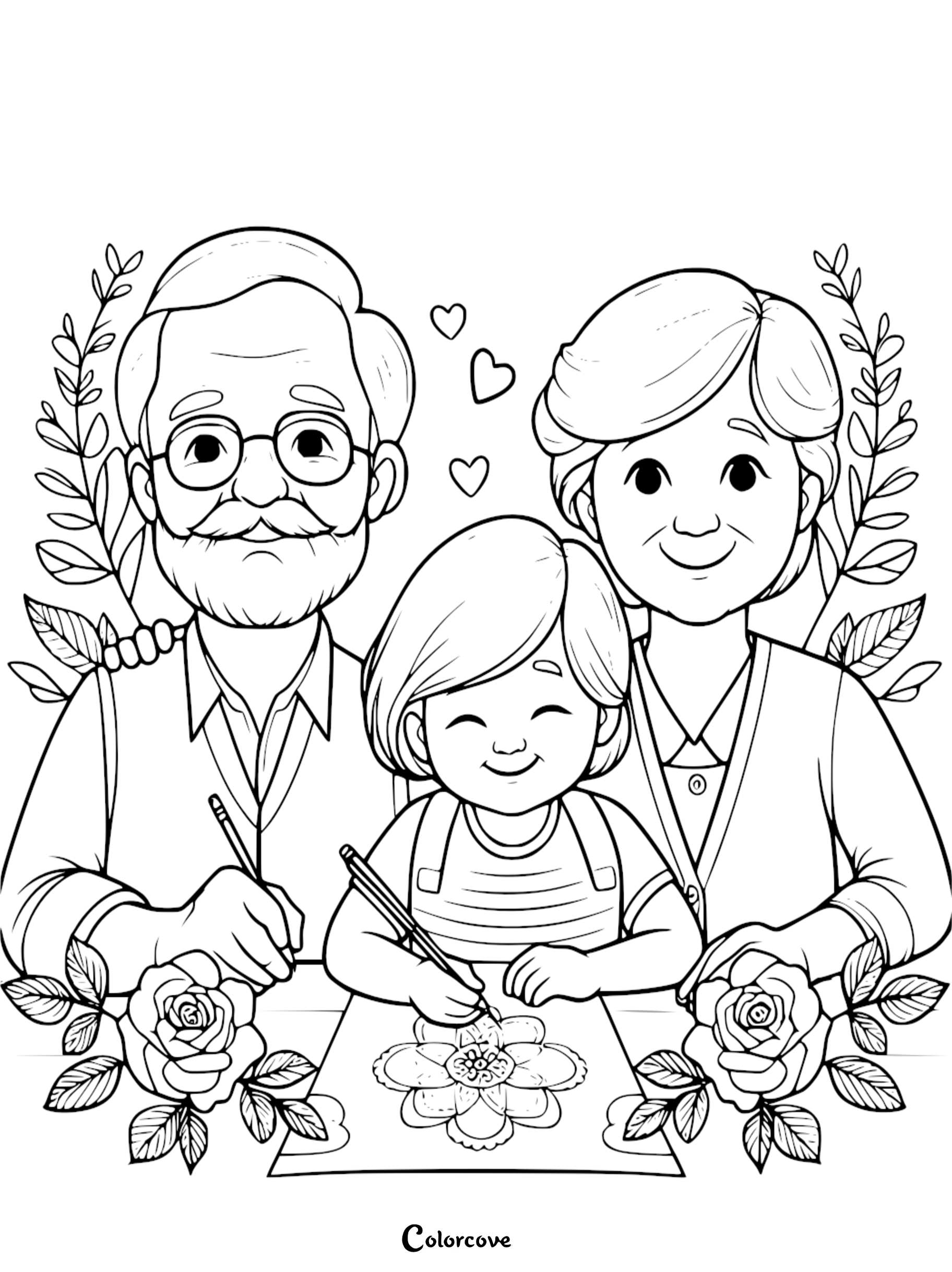 A heartwarming coloring page showing a grandmother, grandfather, and young grandchild drawing together at a table framed by roses and leafy branches with floating hearts.