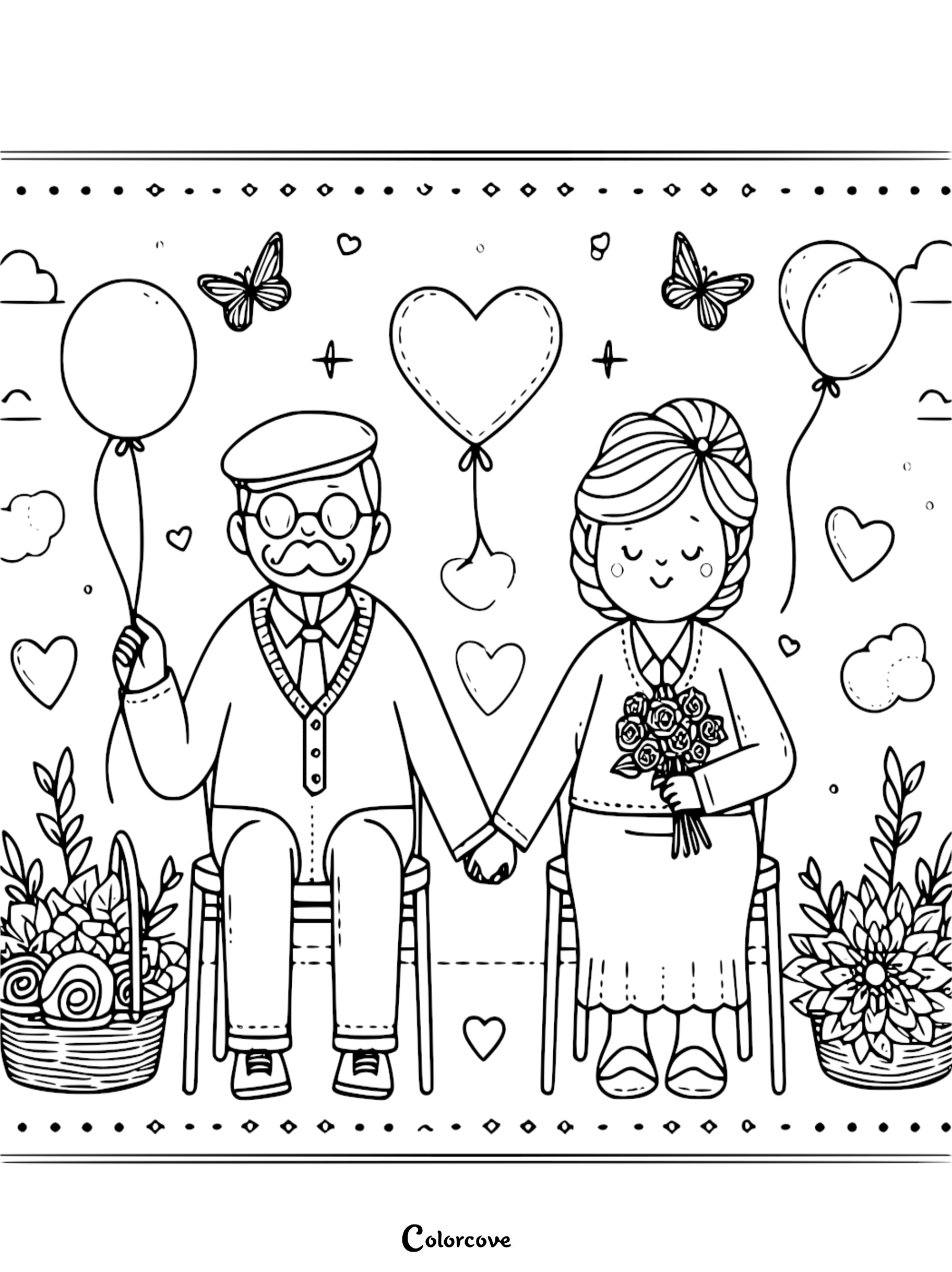 An elderly couple holding hands, sitting on chairs, surrounded by heart balloons, butterflies, and flower baskets in this printable Grandparents Day coloring page.