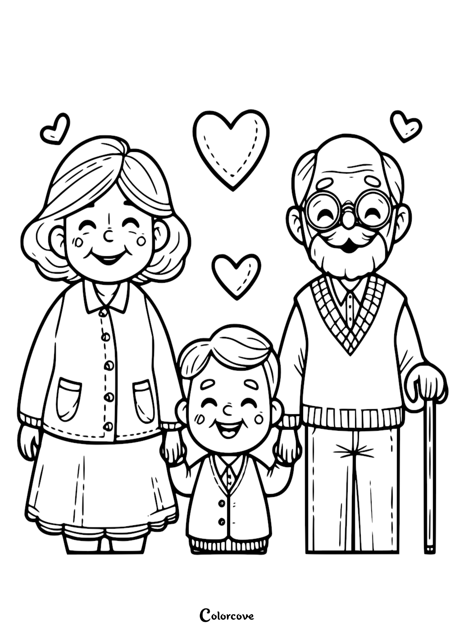 A sweet line art coloring page featuring a smiling grandmother, grandfather with a cane, and their young grandson holding hands, surrounded by hearts.