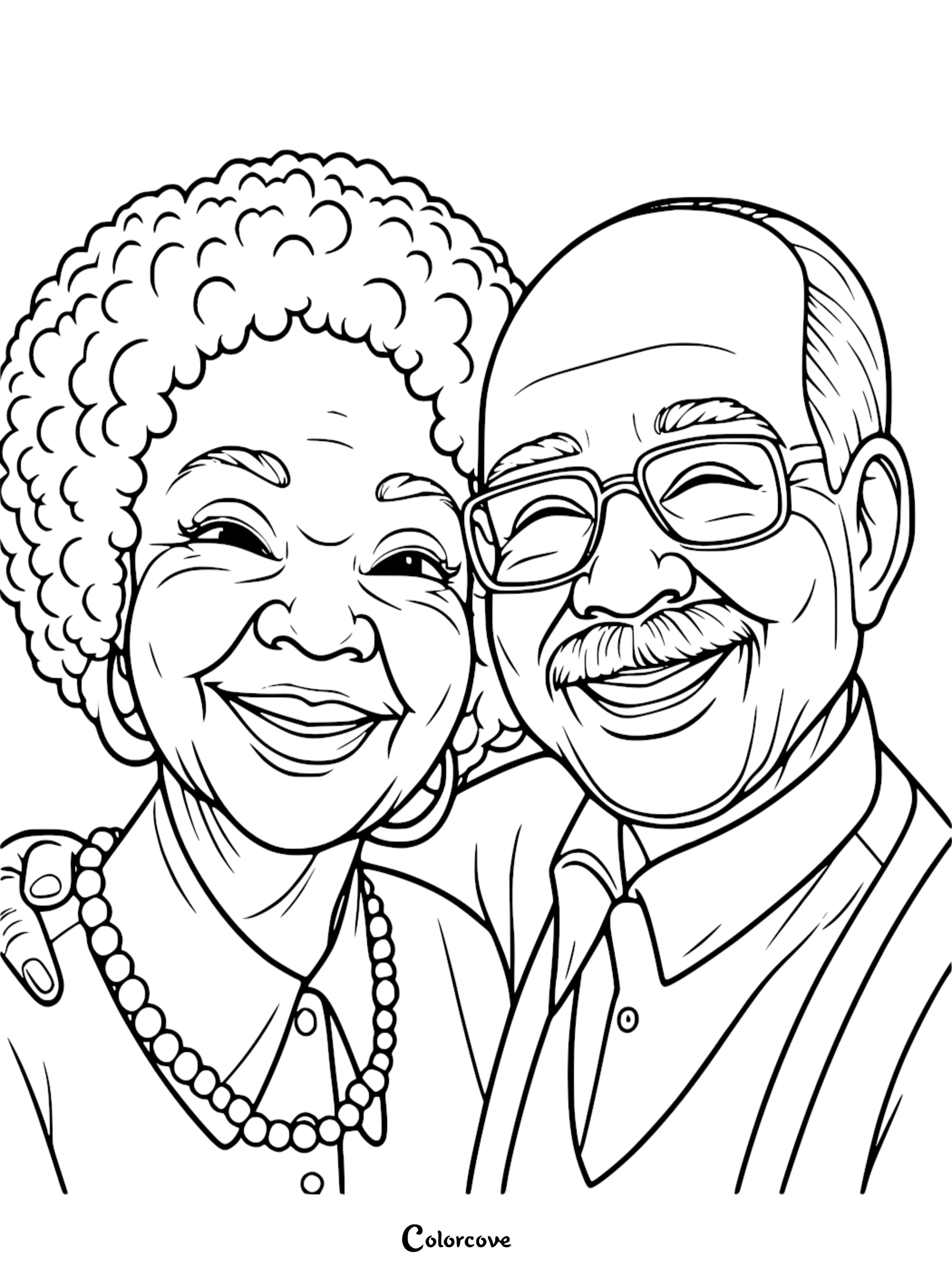 A close-up black and white coloring page showing an elderly couple smiling, with the grandmother wearing a pearl necklace and curly hair, and the grandfather wearing glasses and a collared shirt with a vest.