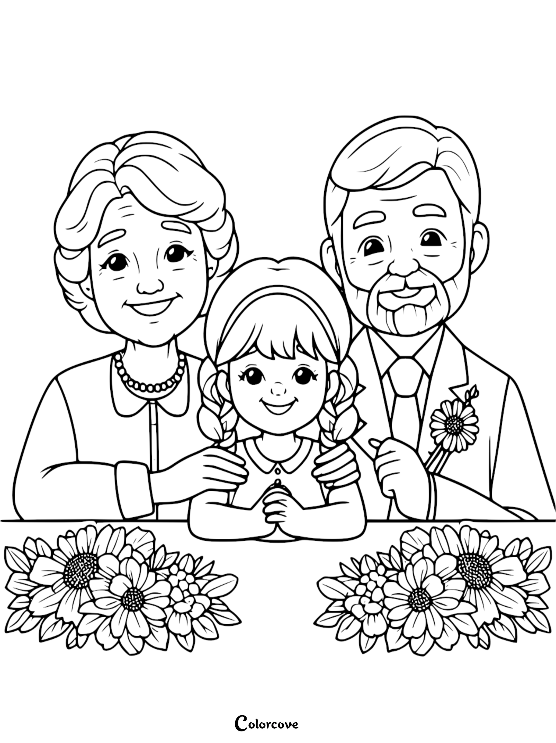 A printable Grandparents Day coloring page featuring a smiling grandmother with pearls, a granddaughter with pigtails, and a grandfather with a suit and boutonniere, surrounded by large sunflowers.