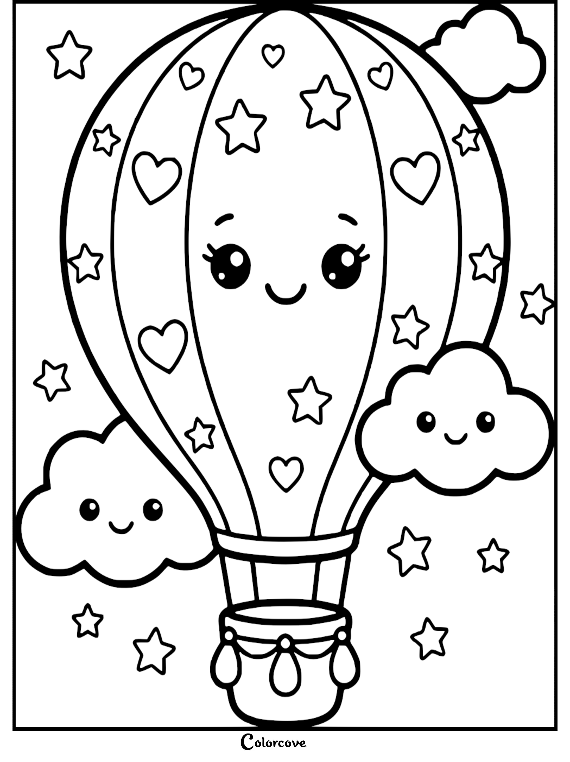 A kawaii hot air balloon with a smiling face, decorated with stars and hearts, floating among happy clouds in a coloring page.