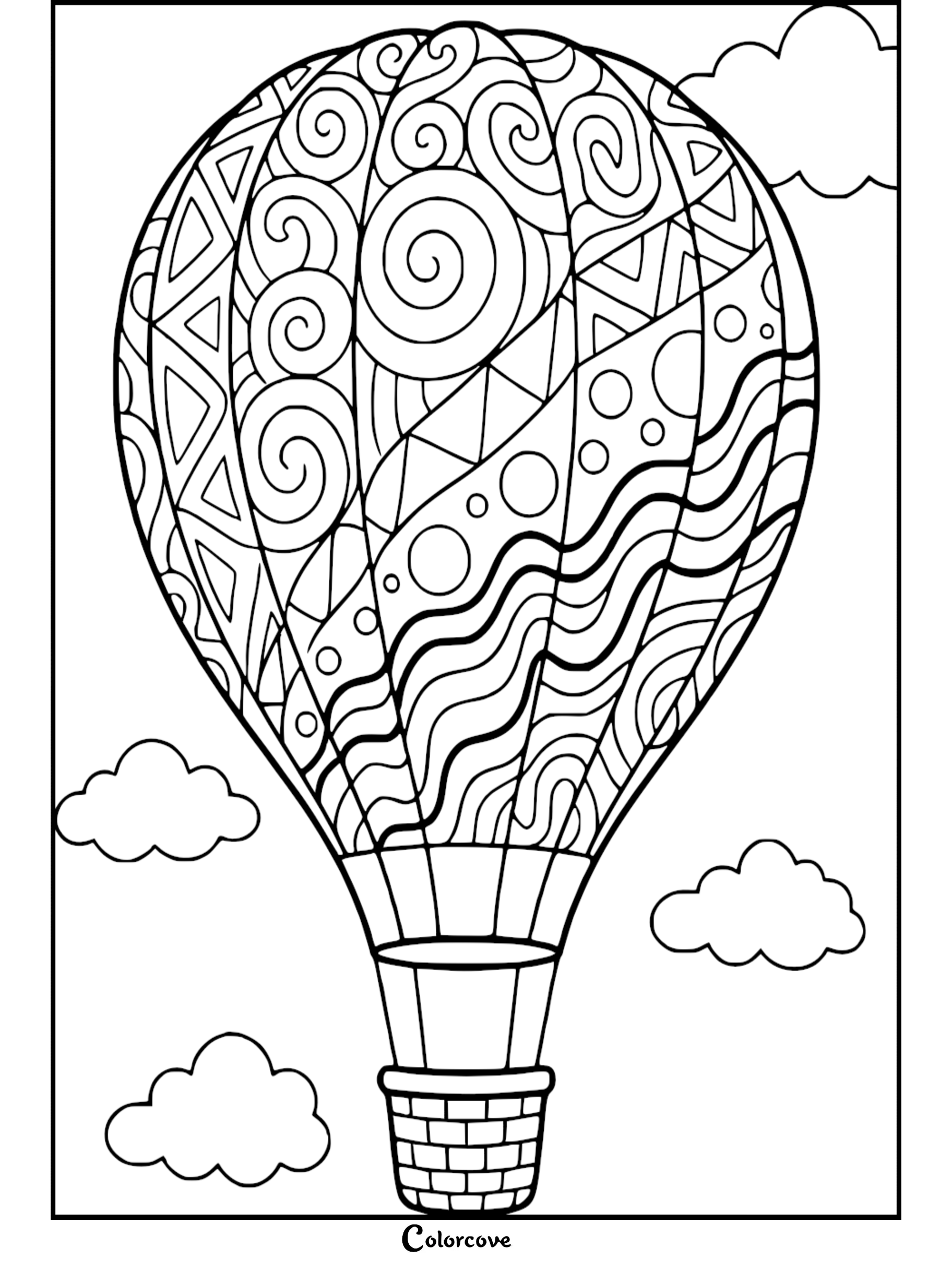 A detailed hot air balloon coloring page featuring geometric shapes, swirls, and wavy lines floating among fluffy clouds.