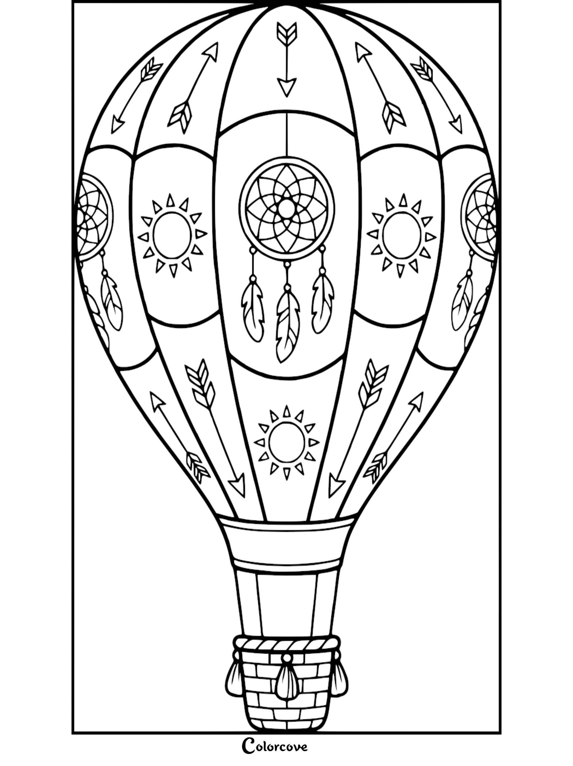 Boho style hot air balloon coloring page featuring dreamcatchers, sun symbols, and arrows on the envelope.